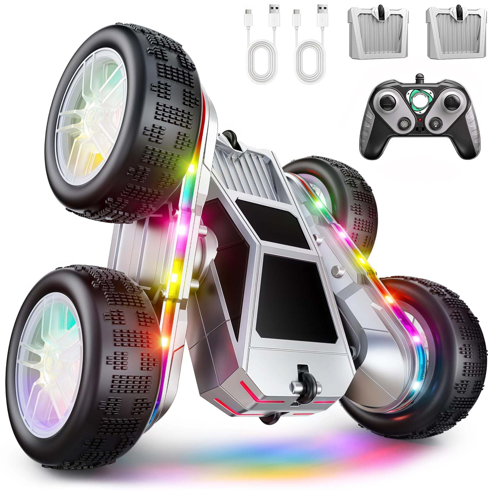 WayEee Remote Control Car for Boys 4-7, 360° Flips Rotating RC Stunt Car with Type-C Charging and LED Lights Strips, 2.4 GHZ Double Sided All Terrain 4WD RC Cars for Girl Boys Christmas Birthday Gift