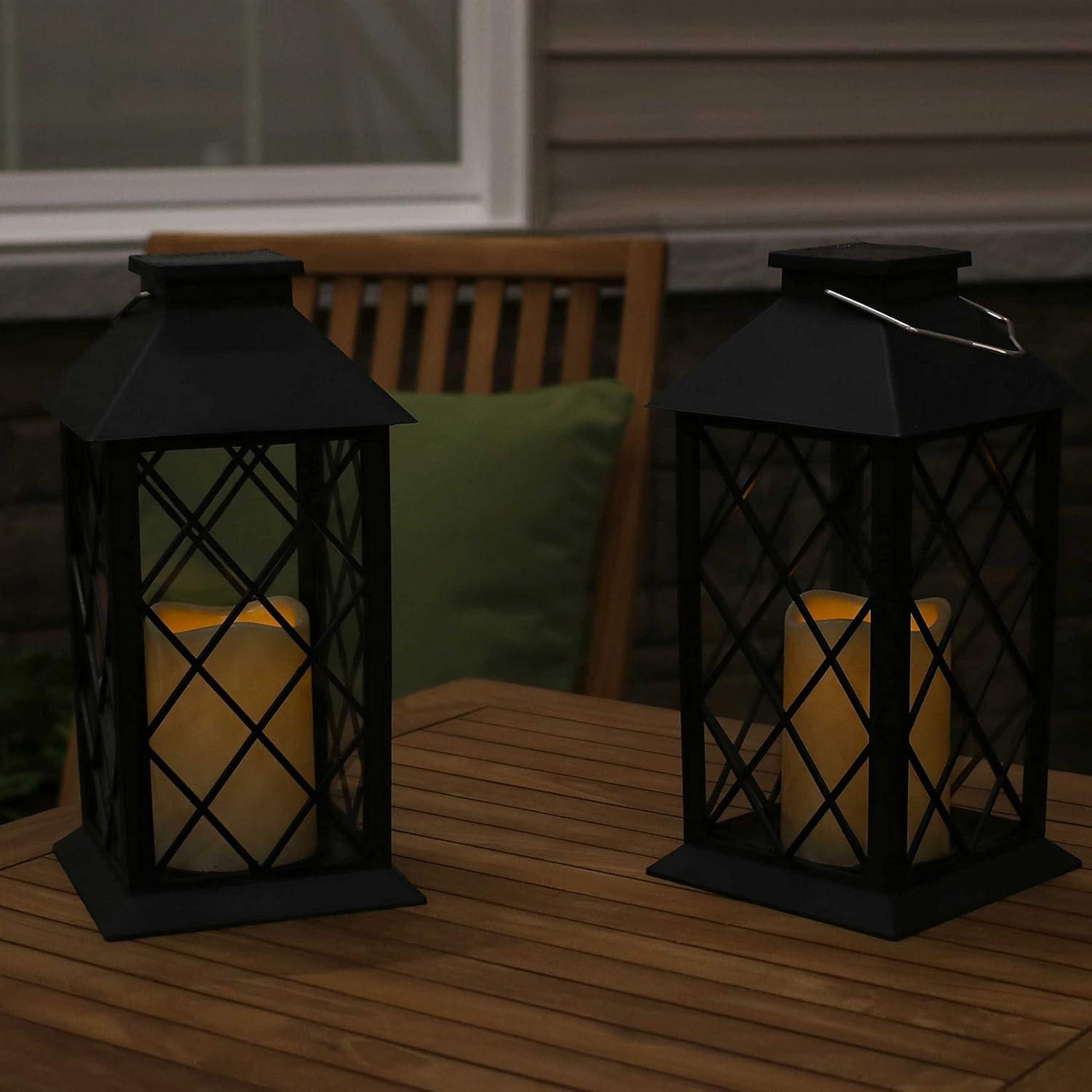 Sunnydaze Concord 11-Inch Solar LED Decorative Candle Lantern - Tabletop/Hanging Light - Set of 2 - Black