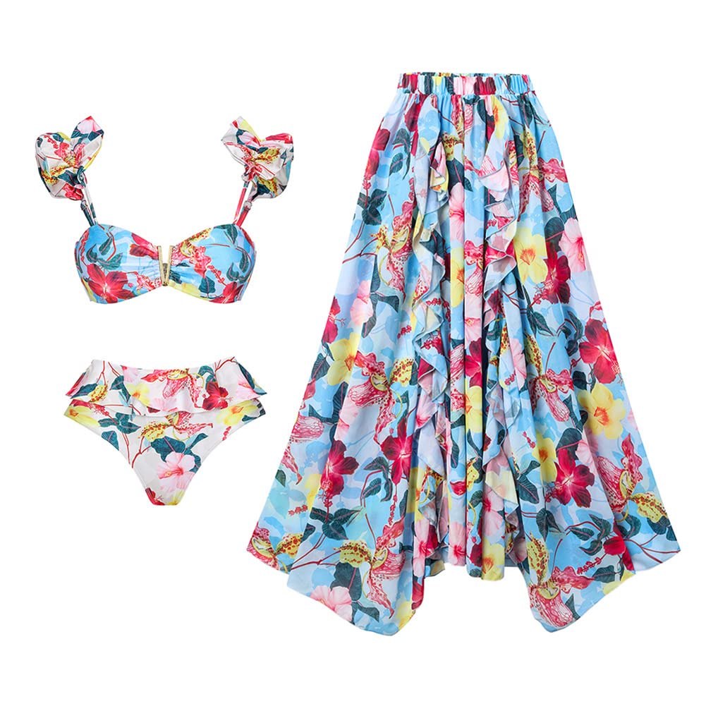 IMEKIS - Conjunto de bikini con estampado floral para mujer, traje de baño de 3 piezas, traje de baño de verano para día festivo, Azul-cielo, M