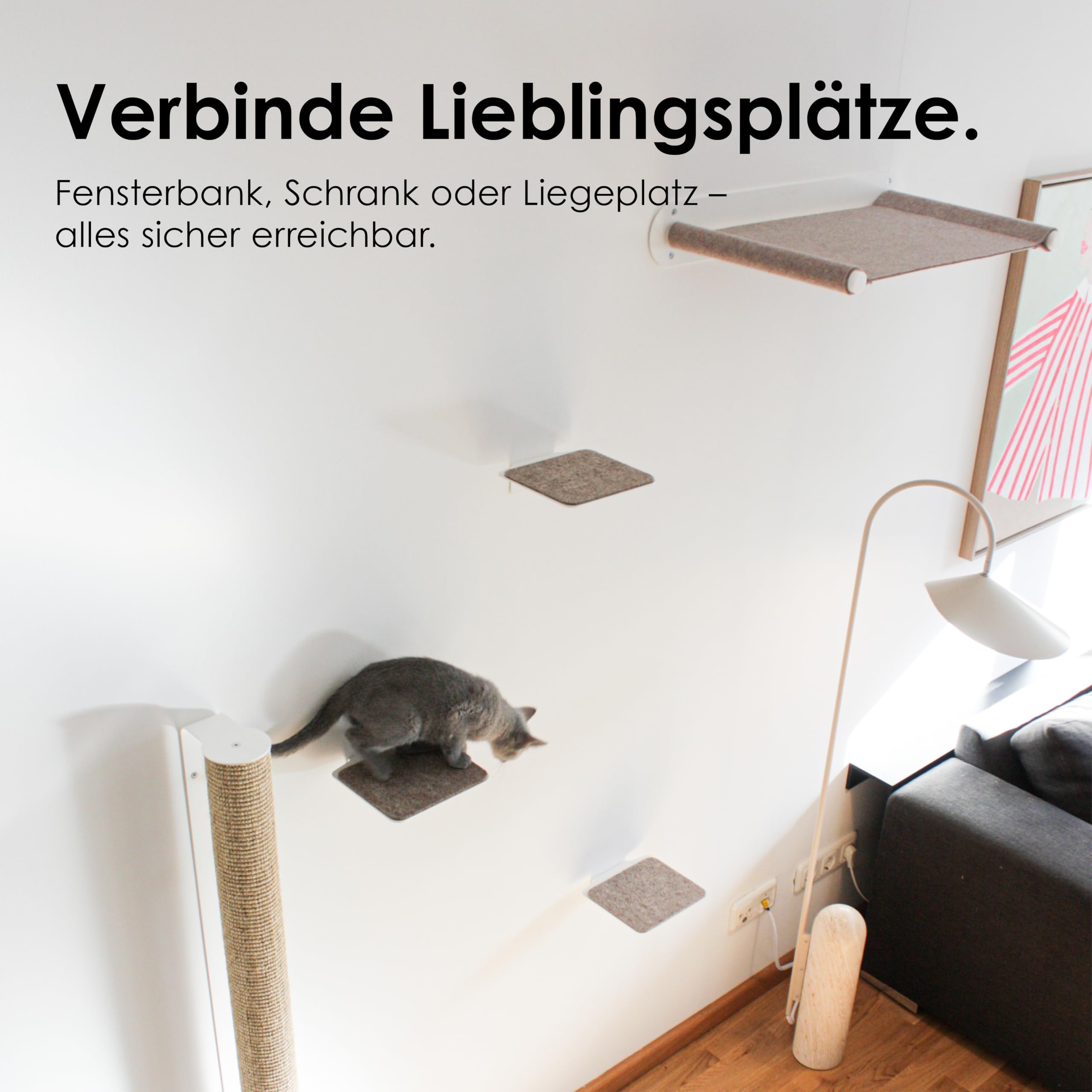 LucyBalu® Steps Katzentreppe mit Filzauflage I Wandstufen aus Metall 3er Set 18 x 18 cm I Katzenleiter für Wand I Filigrane Optik I für Katzen bis 7 kg I Weiß/Sand