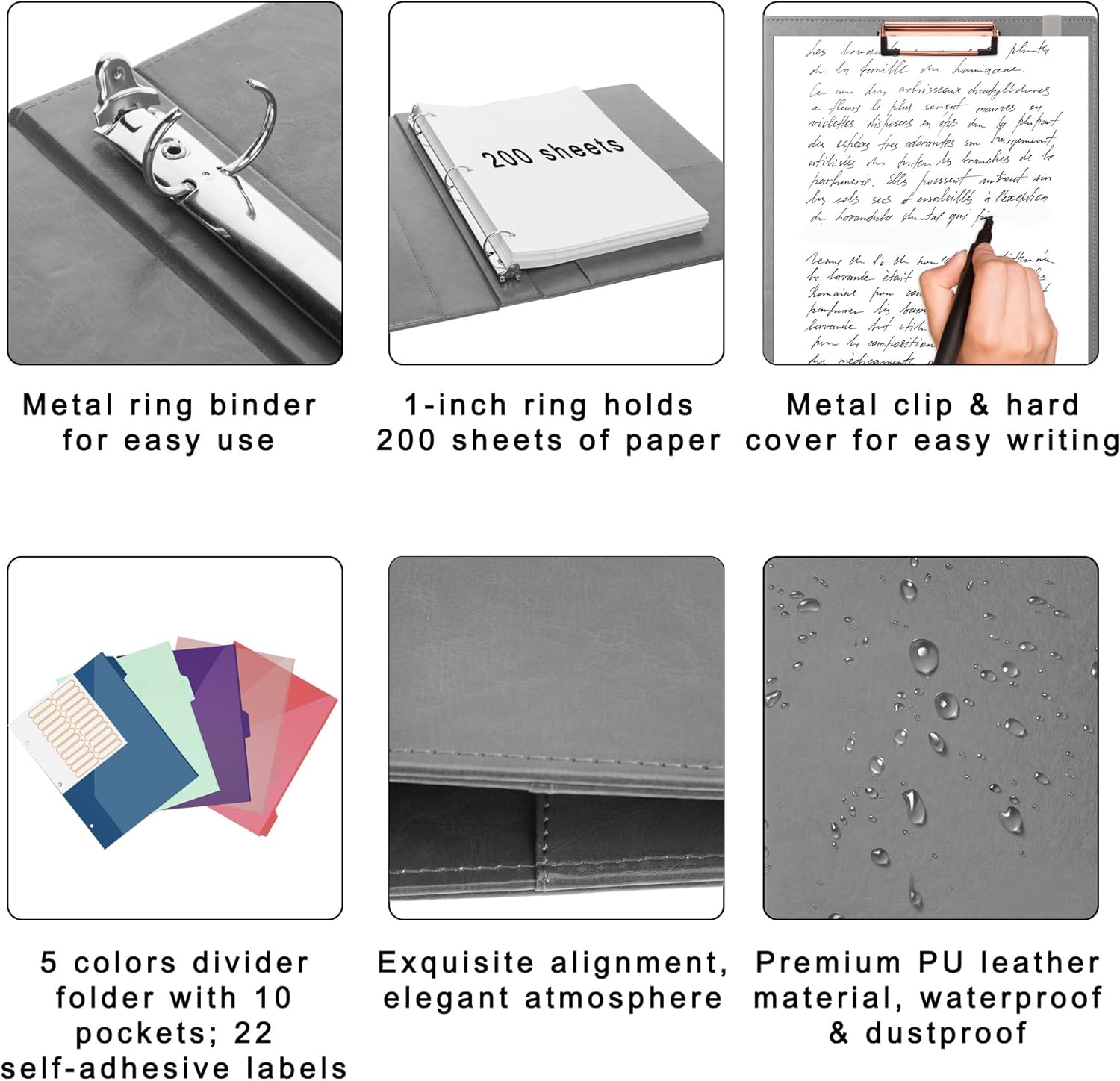 Antner 3 Ring Binder 1 Inch with Clipboard, PU Leather Clipboard Binder Organizer 5 Divider Folders with 10 Pockets Fits Letter Size Paper and Documents for Business Office, Gray