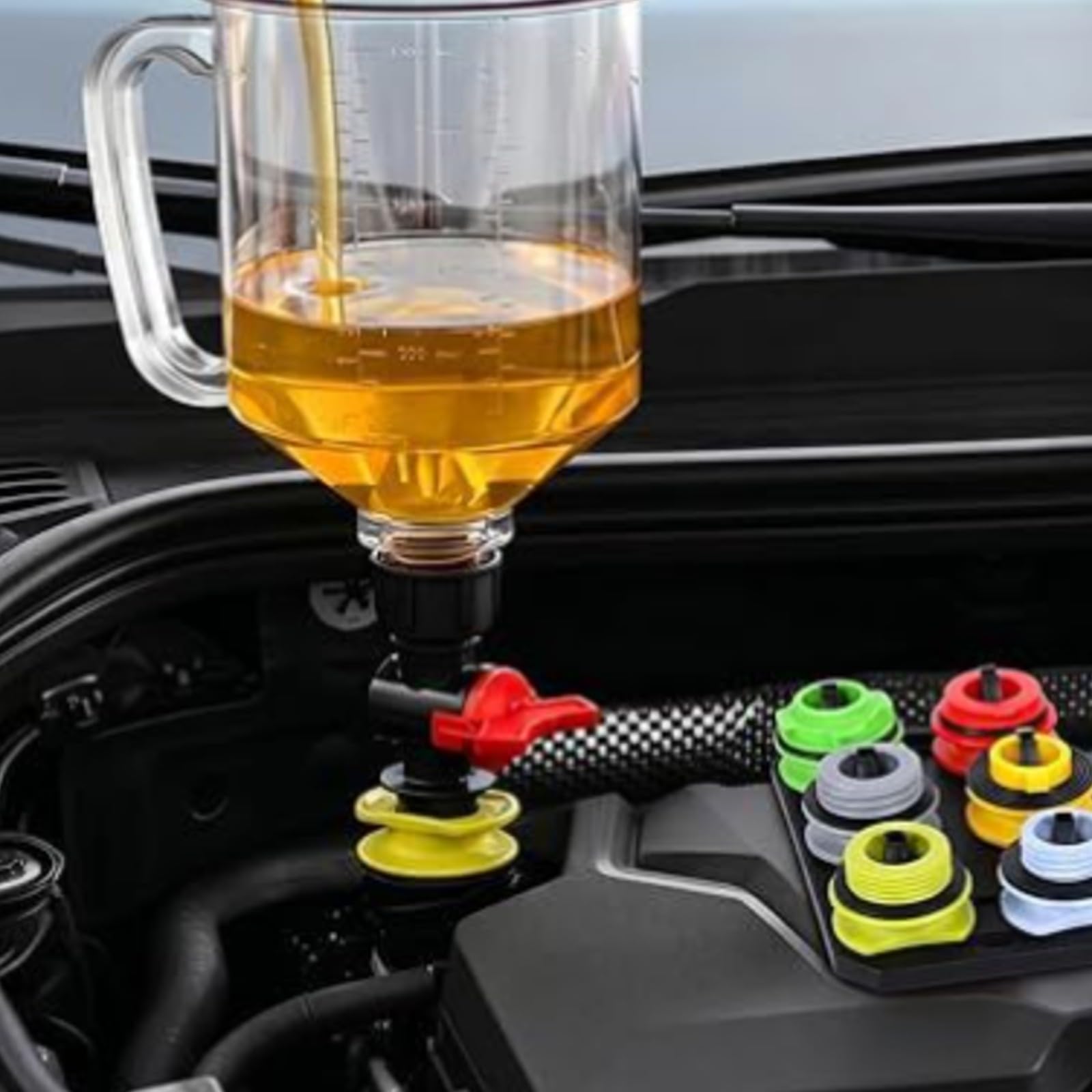 18 Stück Automobil-Trichterset mit Absperrventil Vielseitig Einfülltrichter-Set mit Adapterringen Transparent Benzintrichter für Heimwerker, Ölservice