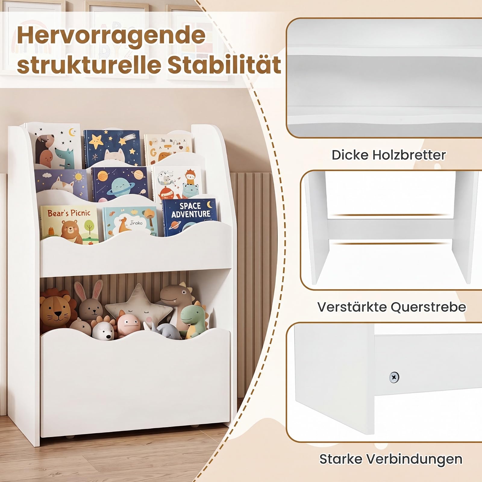 COSTWAY Kinder Bücherregal mit Schublade auf Rollen (Weiß)