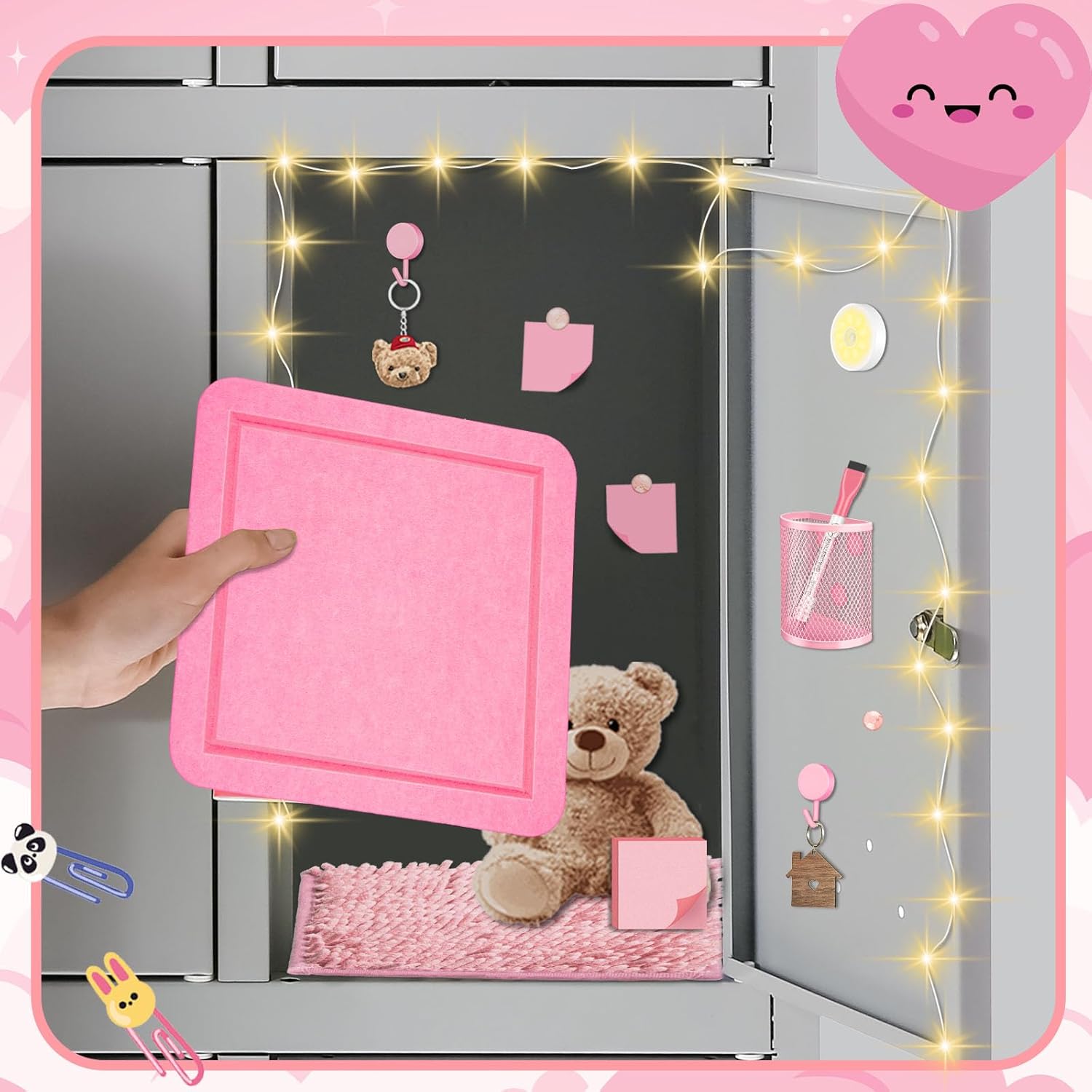 Demonwer Pink Locker Accessories Kit Magnetic Whiteboard Pen Holder Sticky Note Small Carpet Hook for Back to School Essentials Locker Decorations