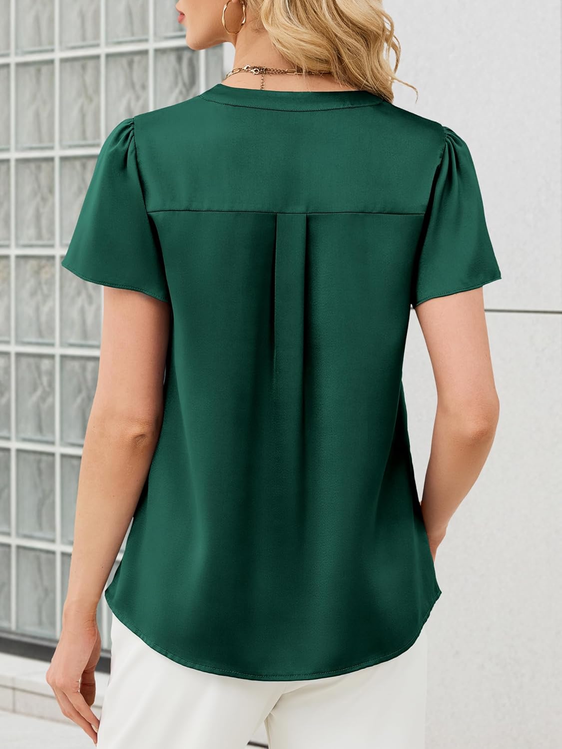 Funlingo Women's Silk Satin Tops Dressy Casual Ruffle Short Sleeve Blouses Summer V Neck Pleated Button Down Shirts - Image 3