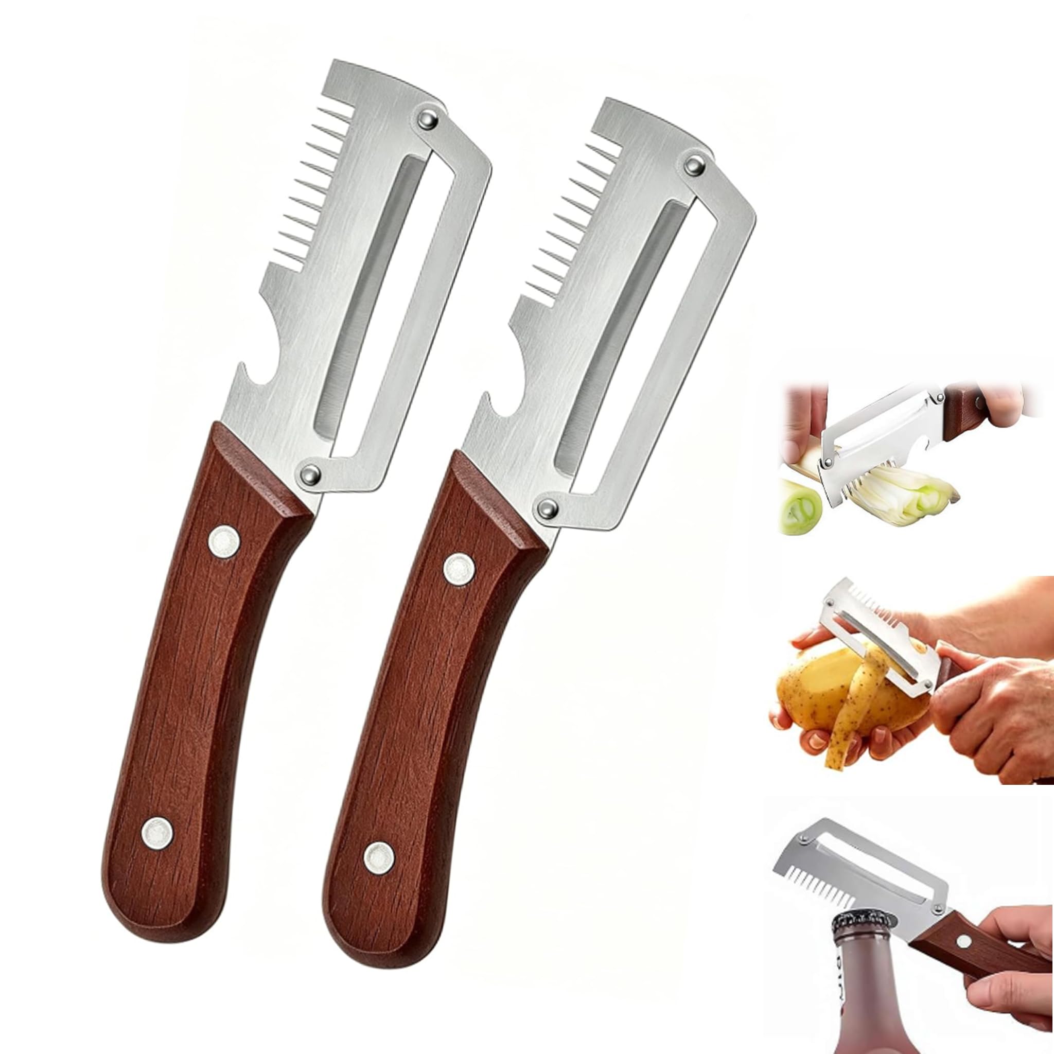 Multifunctional Vegetable Peeler, 2026 New 3-in-1 Peeler & Bottle Opener & Julienne Peeler, Stainless Steel Kitchen Peeler Ergonomic Kitchen Tool for Potato, Fruit, Vegetable (2PCS)