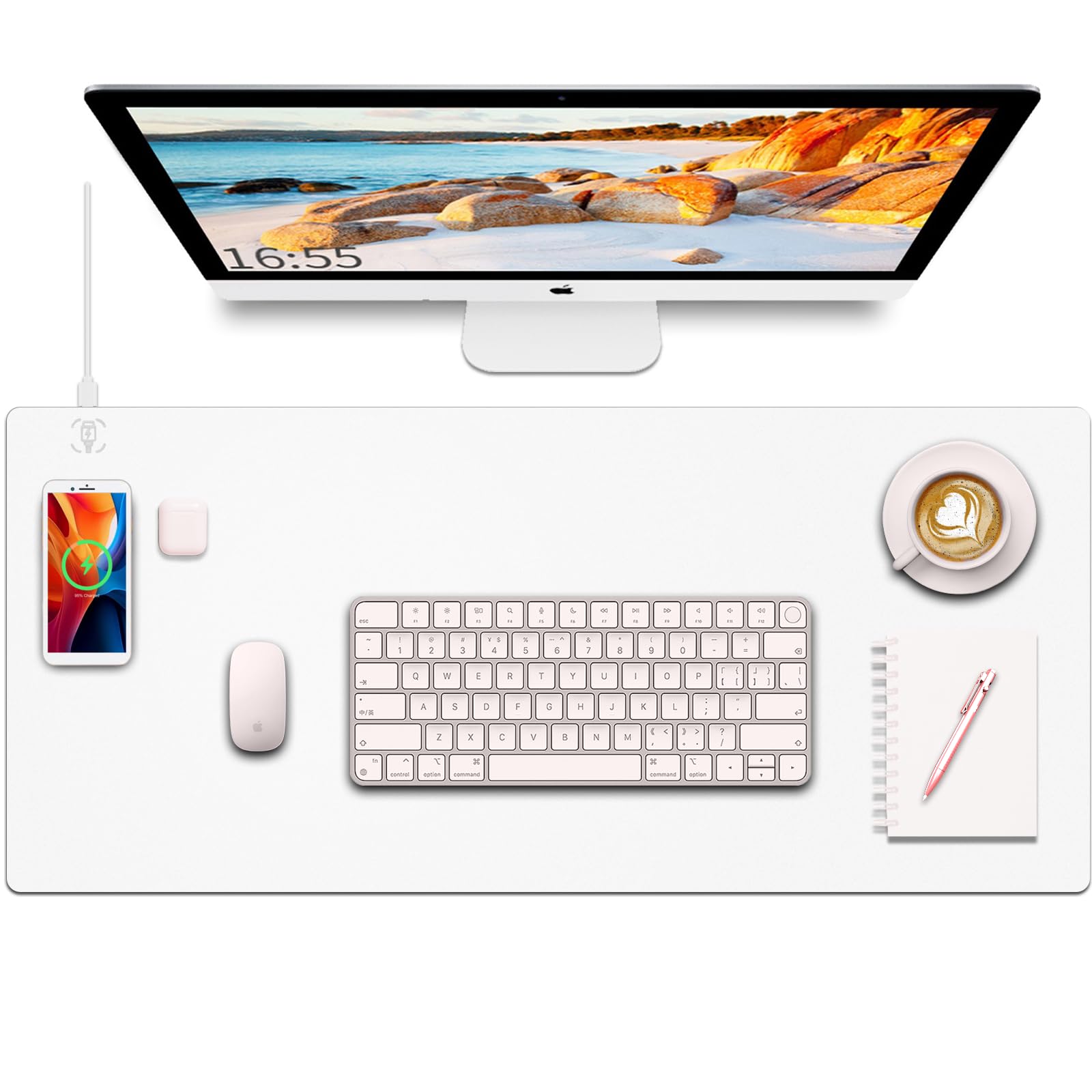 Tappetino da scrivania con ricarica wireless, tappetino per mouse bianco con caricabatterie wireless, tappetino da scrivania opaco per desktop, tappetino per mouse da gioco, tappetino per mouse grande
