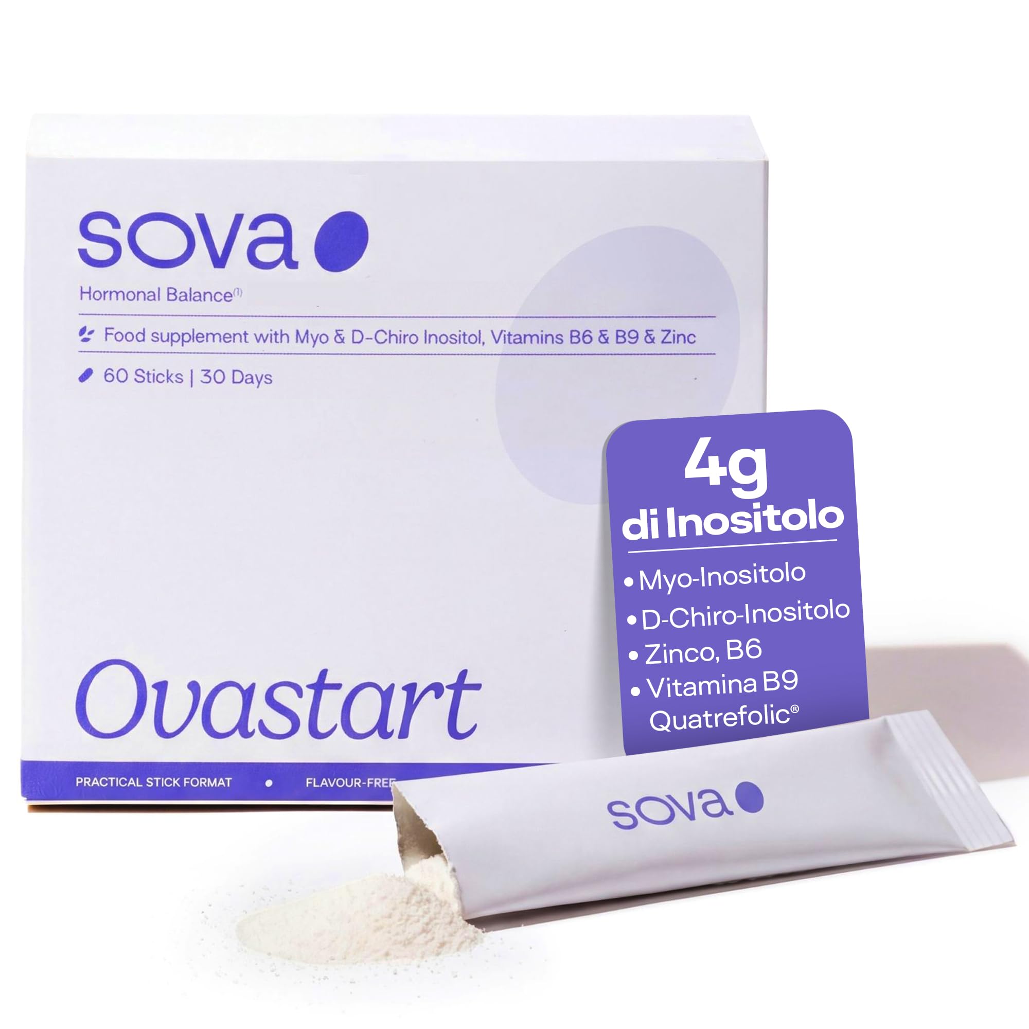 Myo Inositolo e D Chiro Inositolo 4000 mg - PCOS - con Acido Folico (Vitamina B9), Zinco e Vitamina B6 – Integratore Donna per Equilibrio Ormonale Femminile – 60 Bustine – SOVA - Ovastart