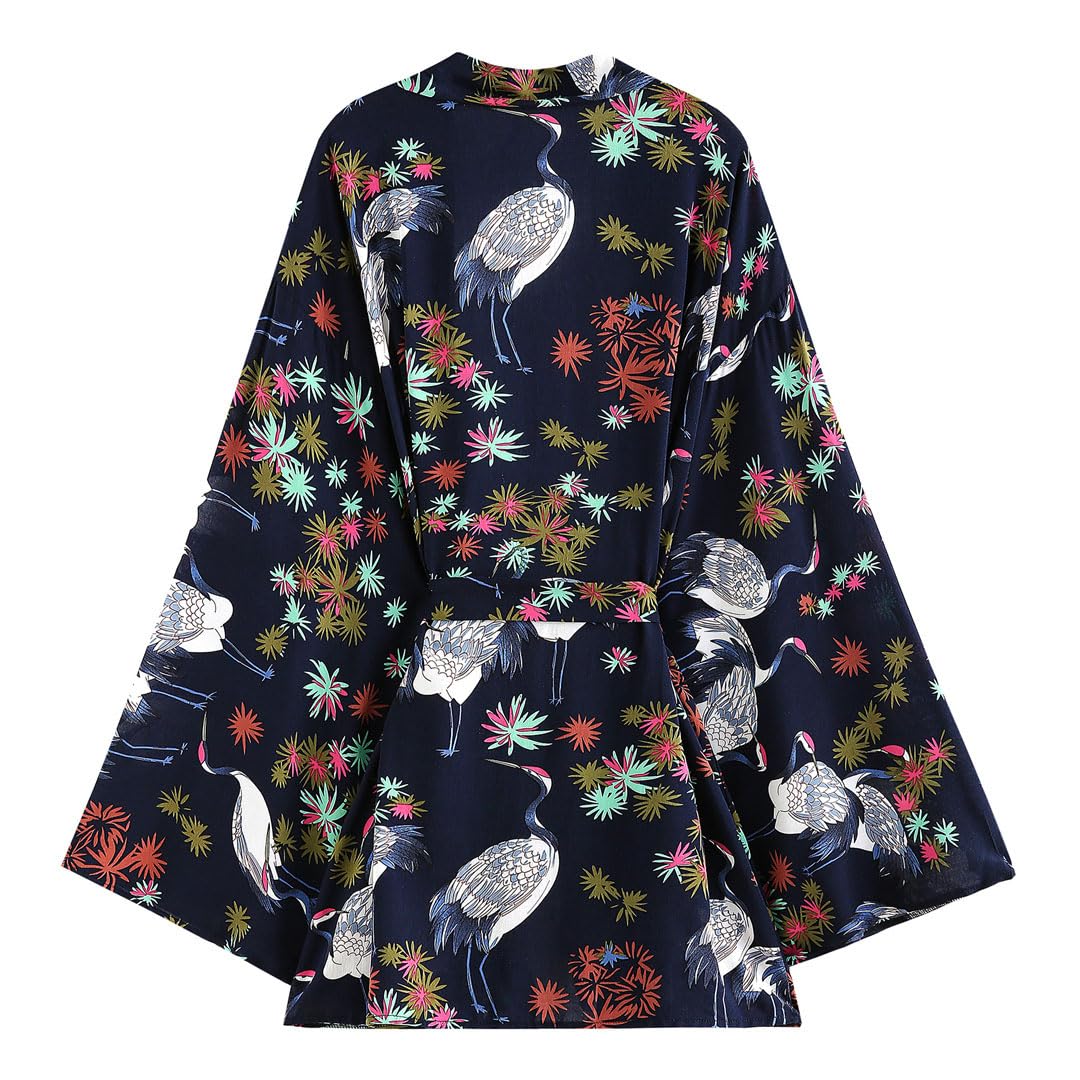 Batas vintage kimono botánico coberturas casual kimonos mujeres tops sueltos capas de playa, azul marino, L