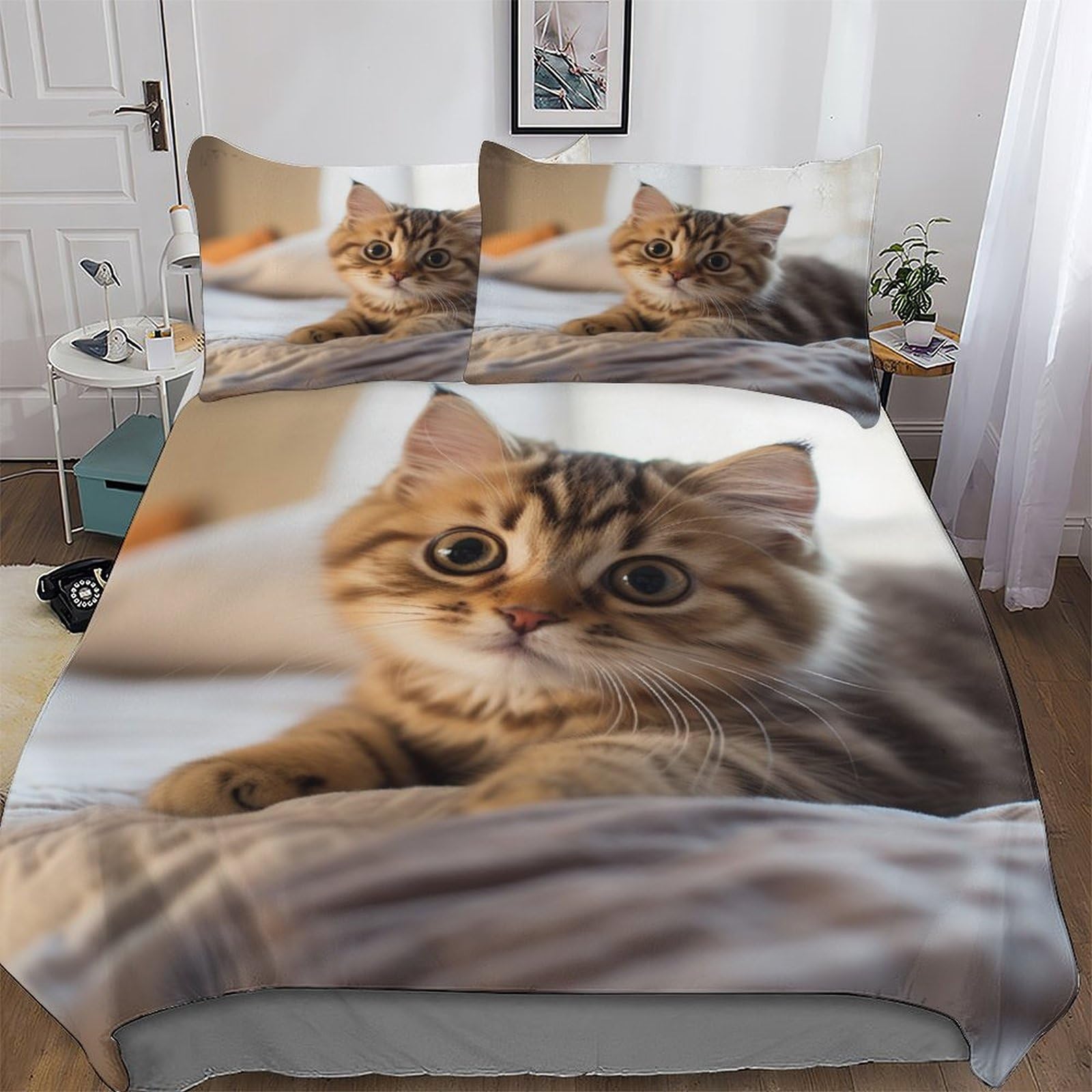 Cute Cat Duvet Cover Set 3D Bedding Set Microfiber Comforter Cover 2PCs with Pillow Shams, Zipper, Soft Lightweight Quilt Covers for Kids, Youth And Adult Single (135x200cm)
