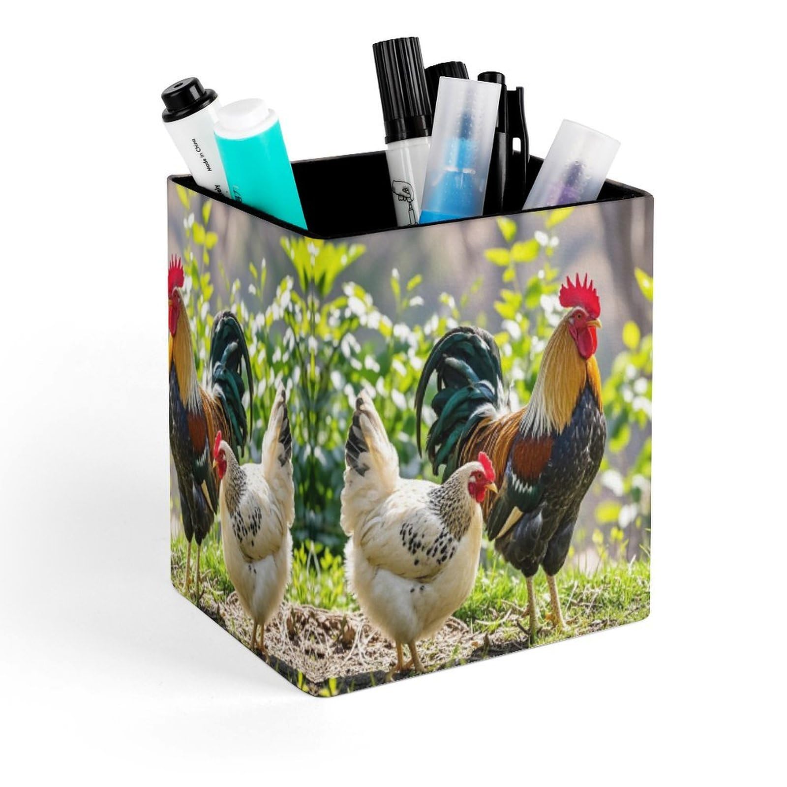 FekiLoot Rooster And Hen Pencil Holder for Desk Square Leather Pen Holder Cup Desktop Organizer Multi-Functional Pencil Cup Holders Modern Decorative Desk Organizer Caddy Makeup Brush Holders