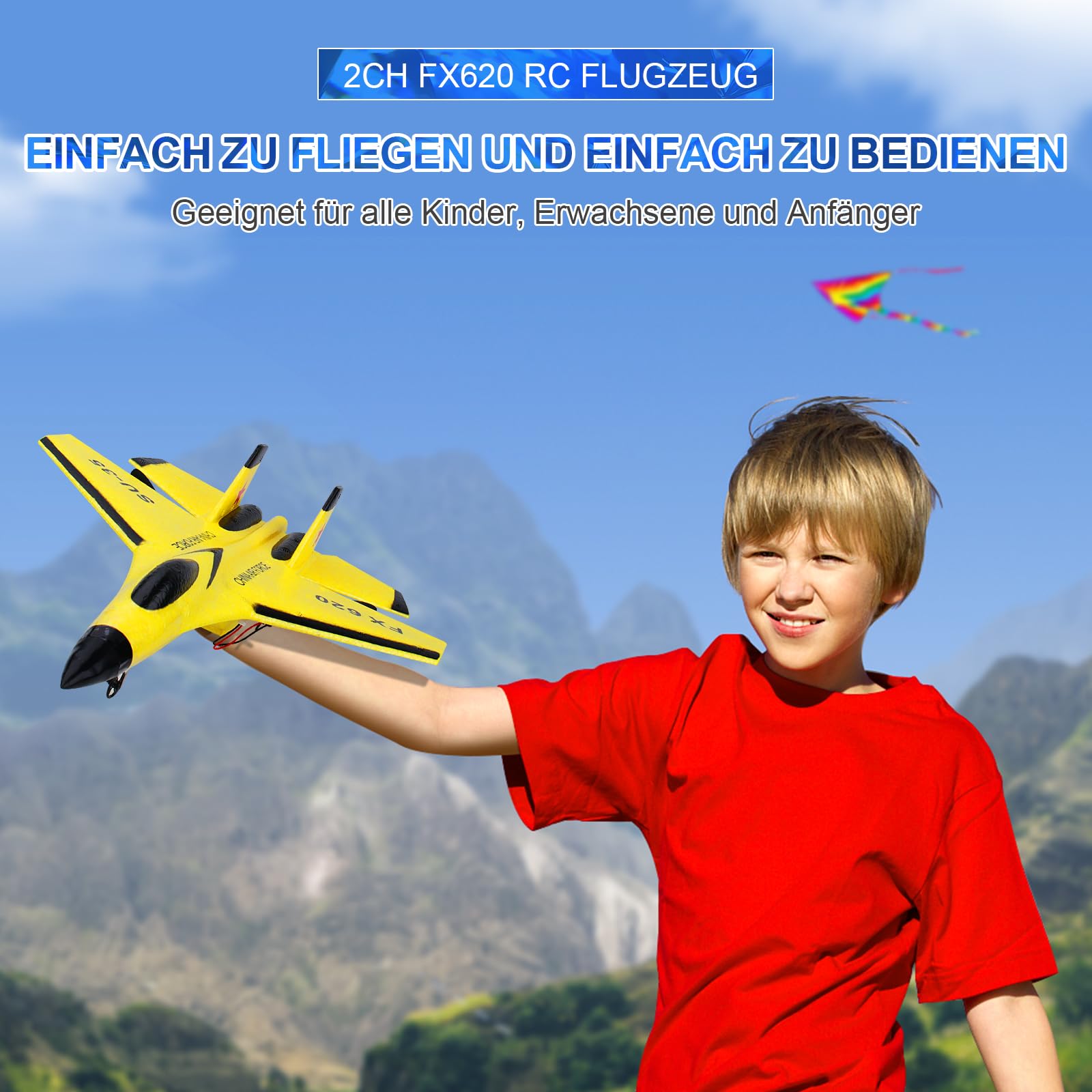 Henakmsl 2CH Aereo Telecomandato SU35, 2,4 GHz Aereo RC Aeroplano Telecomandato con 2 Batterie e Luci Colorate, Aliante Volante Telecomandato per Adatto a Bambini/Adulti/Principianti, Giallo