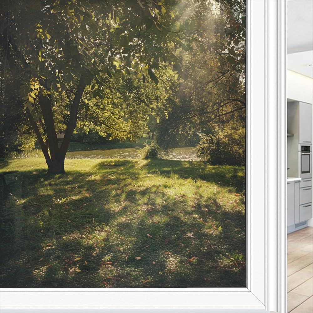 Vintage Woods Window Privacy Film, Rustic Natural Trees Scenery Frosted Stained Glass Window Film Decorative Static Cling for Glass for Home 70x100 cm