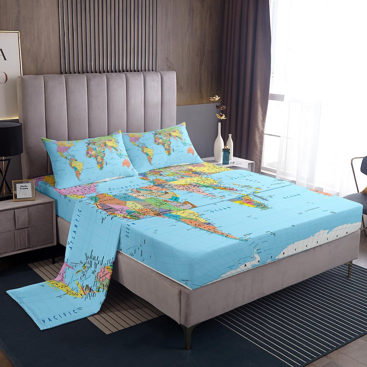 Erosebridal World Map Bed Sheets Twin Multicolored Sheet Set 3D Geography Blue Ocean Bedroom Decor Fitted Sheet America Europe Asia Africa deep Pocket Bed Sheet Set