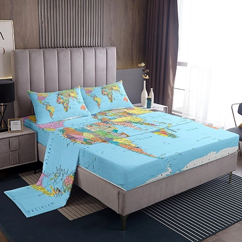 Jogo de lençol Queen multicolorido com mapa do mundo, geografia 3D, oceano azul, decoração de quarto, América, Europa, África, África, lençol com elástico profundo