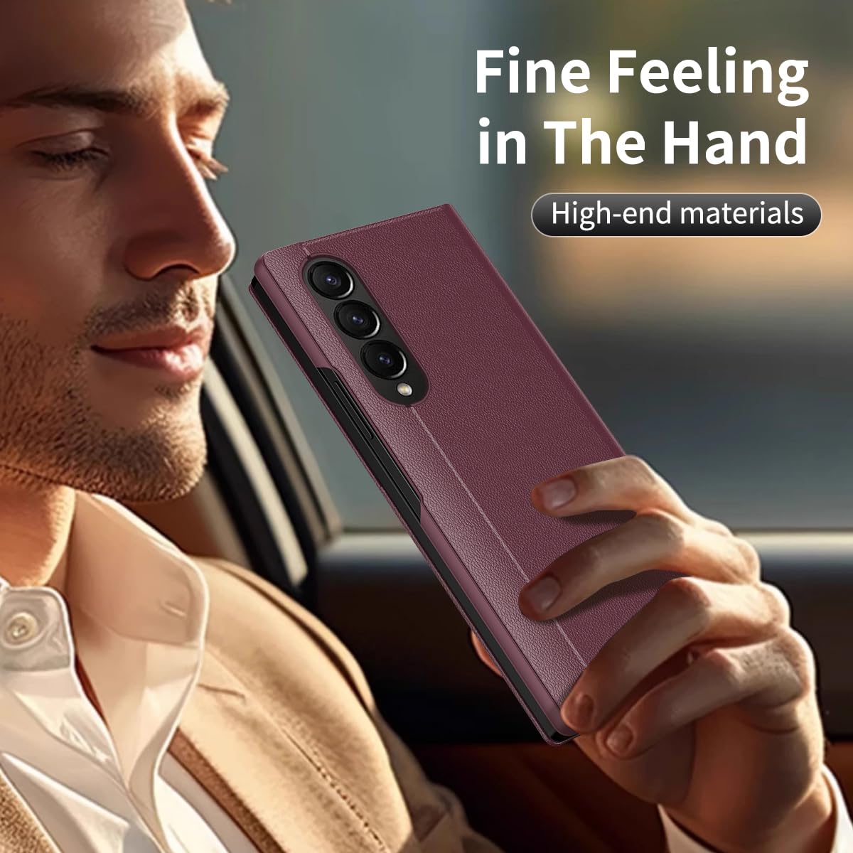 COQUE Etui do Galaxy Z Fold 3, inteligentny telefon z okienkiem i 1 miejscem na kartę, wykwintne skórzane etui ochronne, do Samsung Galaxy Z Fold 3 5G-czerwone