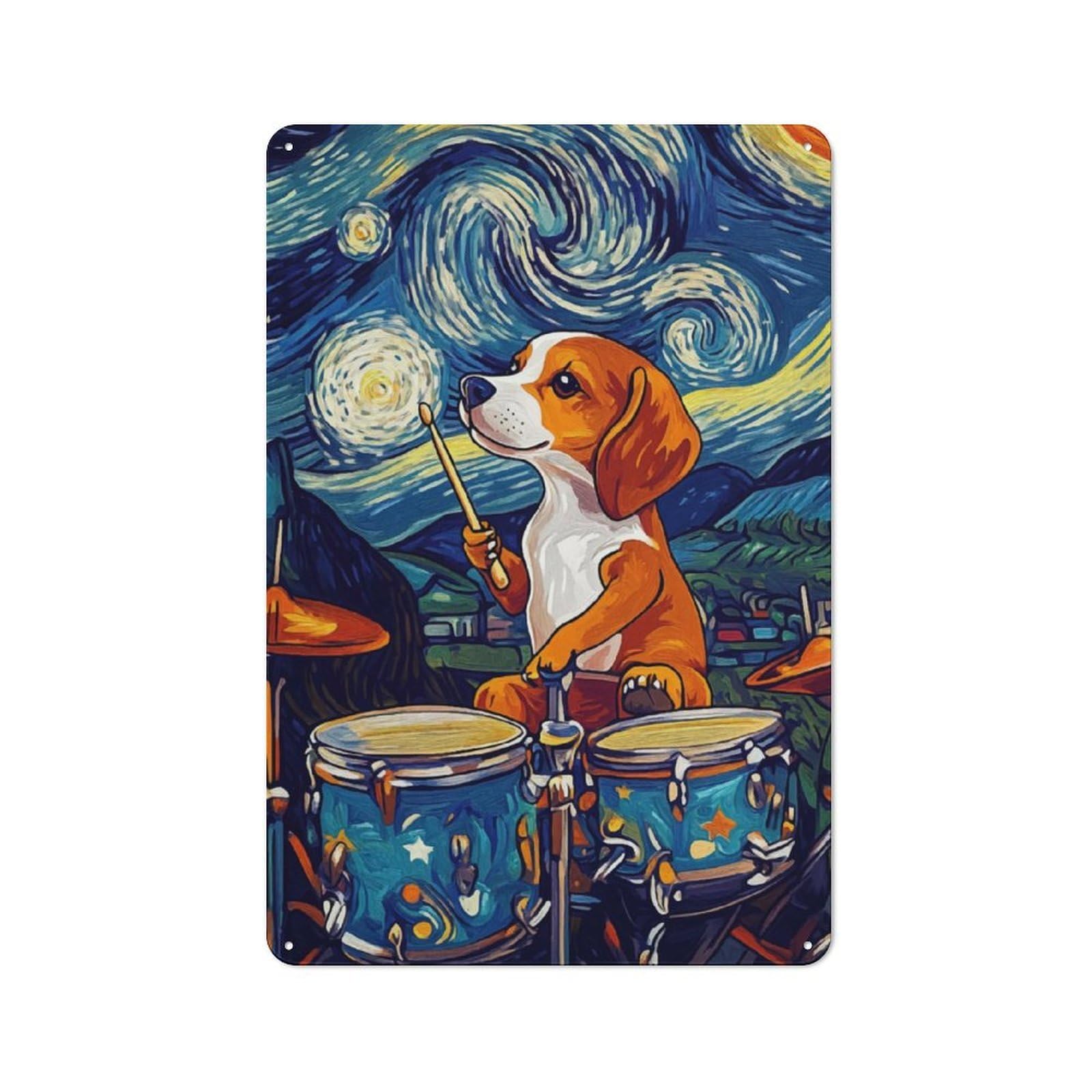 Junmoney Beagle Drummer Starry Night Retro Tin Sign 30X20cm For Workshop Wall, For Home Interiors And Metal Sign Collectors