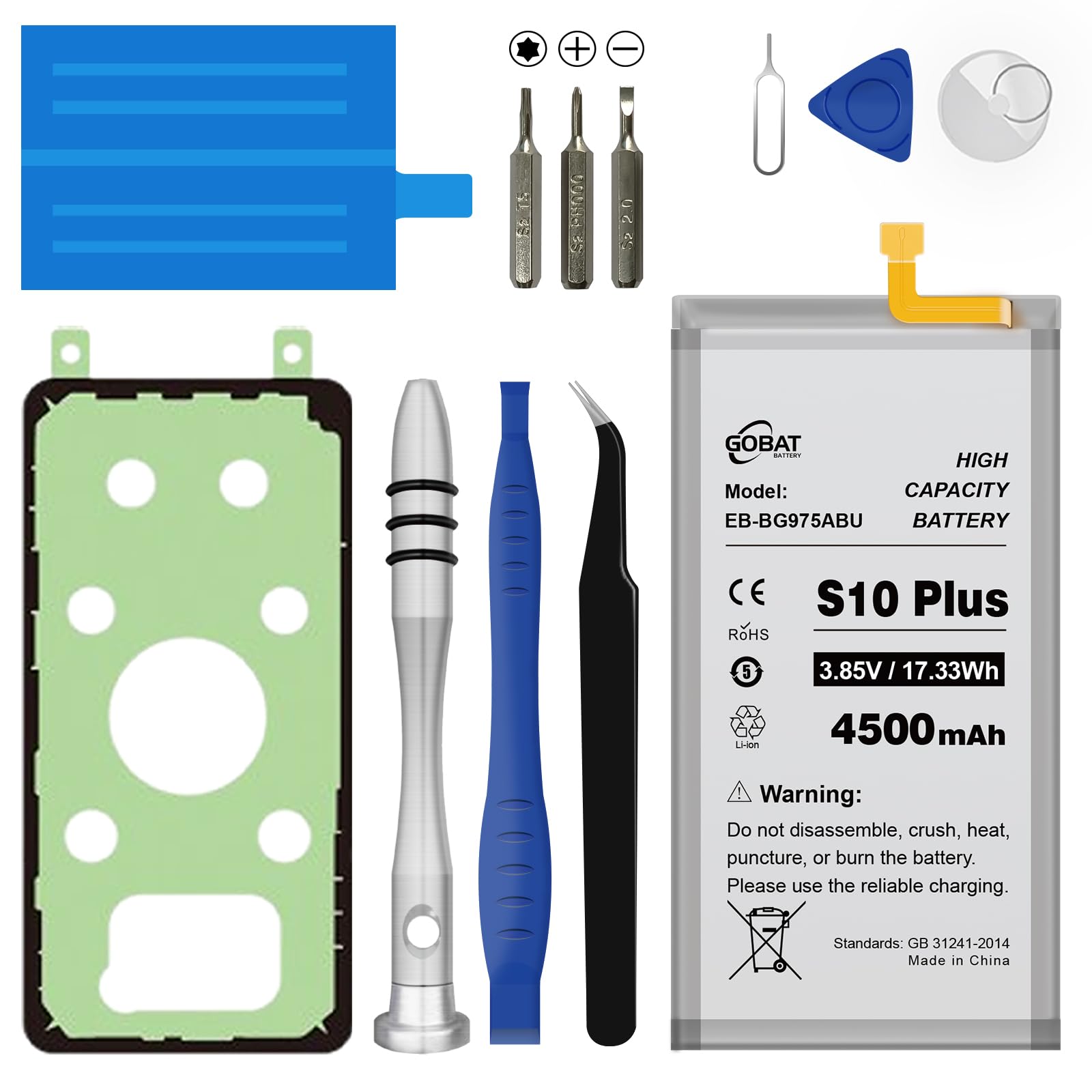 Replacement for Samsung Galaxy S10 Plus Battery,4500mAh High Capacity Compatible with Samsung Galaxy S10 Plus Model (SM-G975F G975U G975W G975U1 G9750 G975N) with Tool Kits,EB-BG975ABU