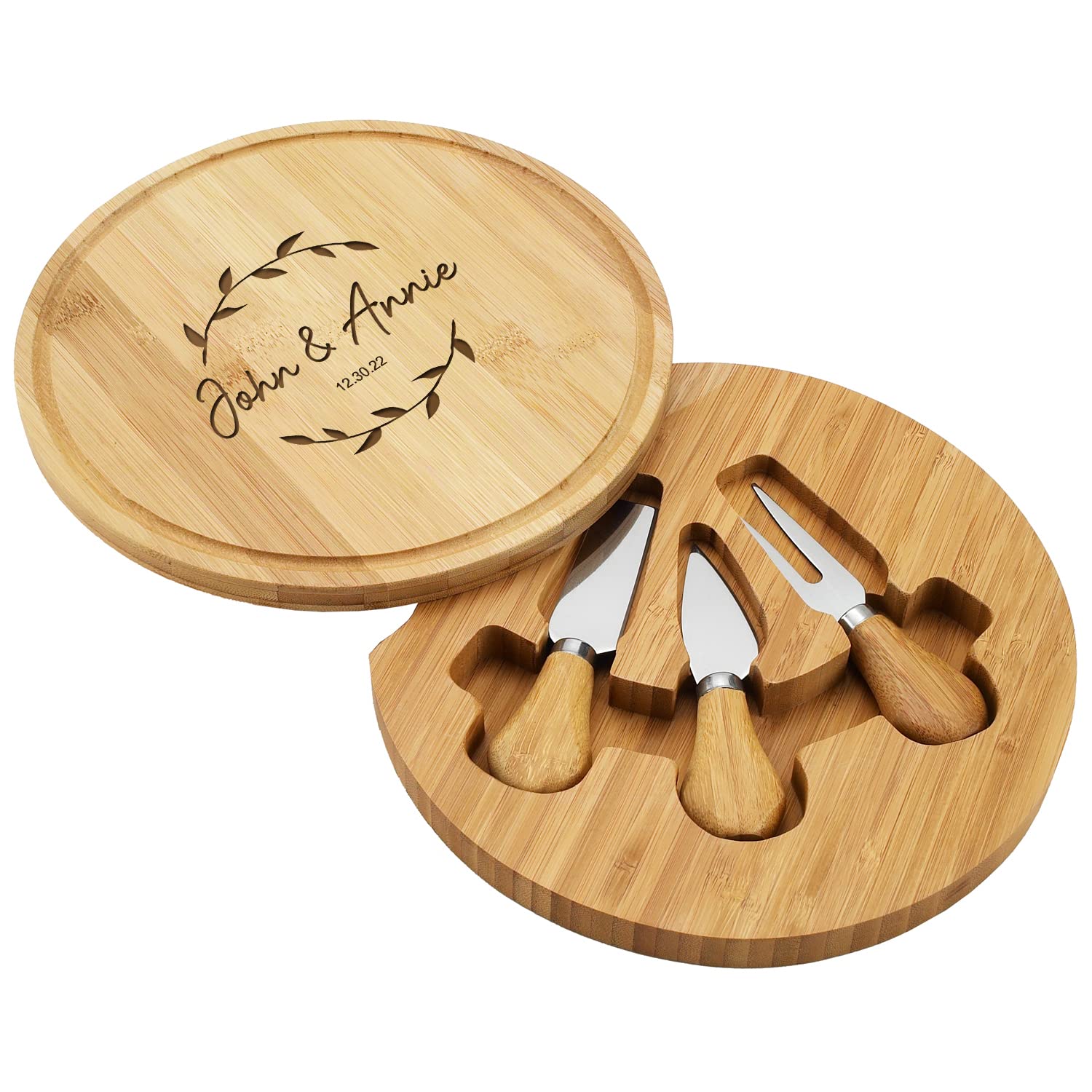 Personalized Engraved Bamboo Cheese Board Set with 3 Stainless Steel Tools and 4 Cheese Markers - 9