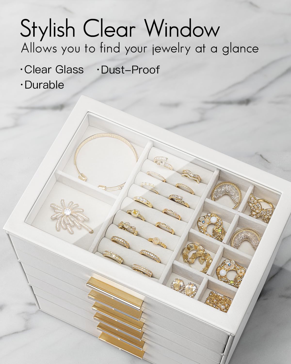 VLANDO 6 Layer Jewelry Box for Women, Glass Lid Jewelry Organizer with 6 Drawers for Necklaces Rings Earrings Bracelets - White - Image 5