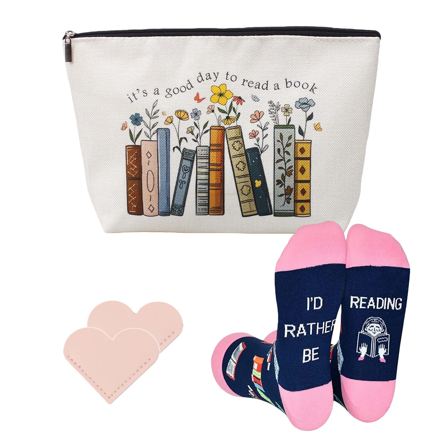Xyvvol Gifts for Book Lovers,4pCS Book Themed Makeup Bag Sock Bookmark Gift Set,Book Lover Gifts for Women Bookish Reader