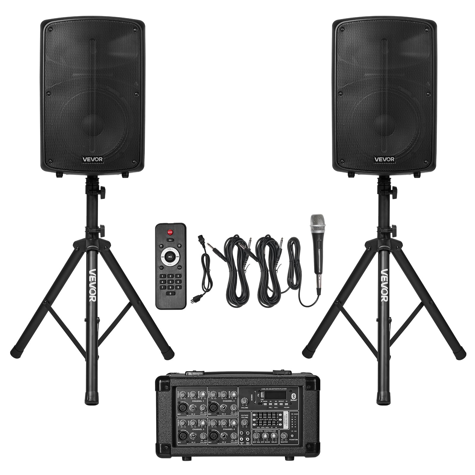 VEVOR Portable PA System with Wireless Microphone & Speakers, 800W Bluetooth PA System, 6-Channel Mixer, Dual 10" Speakers, USB/SD/XLR Inputs, Remote, Stands - for DJs,Events, Fitness, Indoor/Outdoor