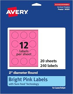 Avery® Printable Round Labels, Sure Feed® Technology, 2" Diameter, Bright Pink Labels, Print-to-The-Edge, Laser/Inkjet Printable, 240 Total, Great for Stickers and Candles
