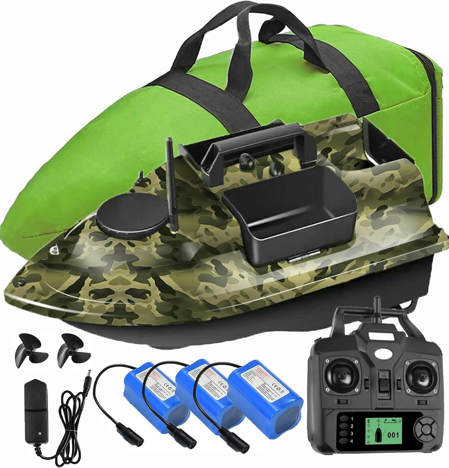 500M 3 Trémies GPS Bateau amorceur, Appâts De Pêche Bateau Carpe Crochet Post Bateau RC, Capteur LCD Sondeur, Avec Sac À Main, 12000mAh Batterie Grande Capacité, Offrez des antennes, des hélices.(Size