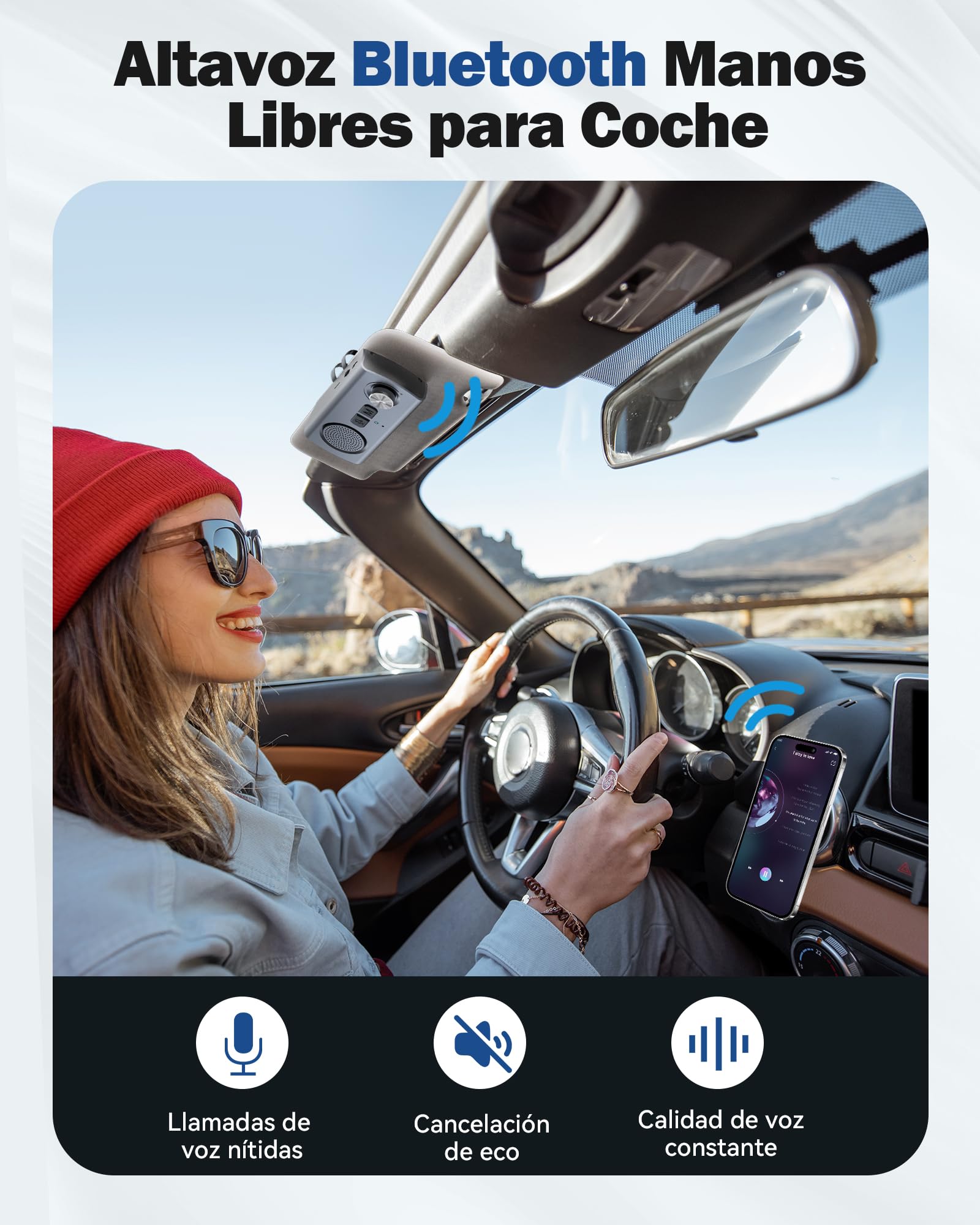 AGPTEK Manos Libres para Coche Bluetooth 5.3 con Siri, Google Asistente, Kit de Coche Altavoz Inalámbrico con Ranura de Tarjeta TF, Soporta Conexión de 2 Teléfonos Simultáneamente