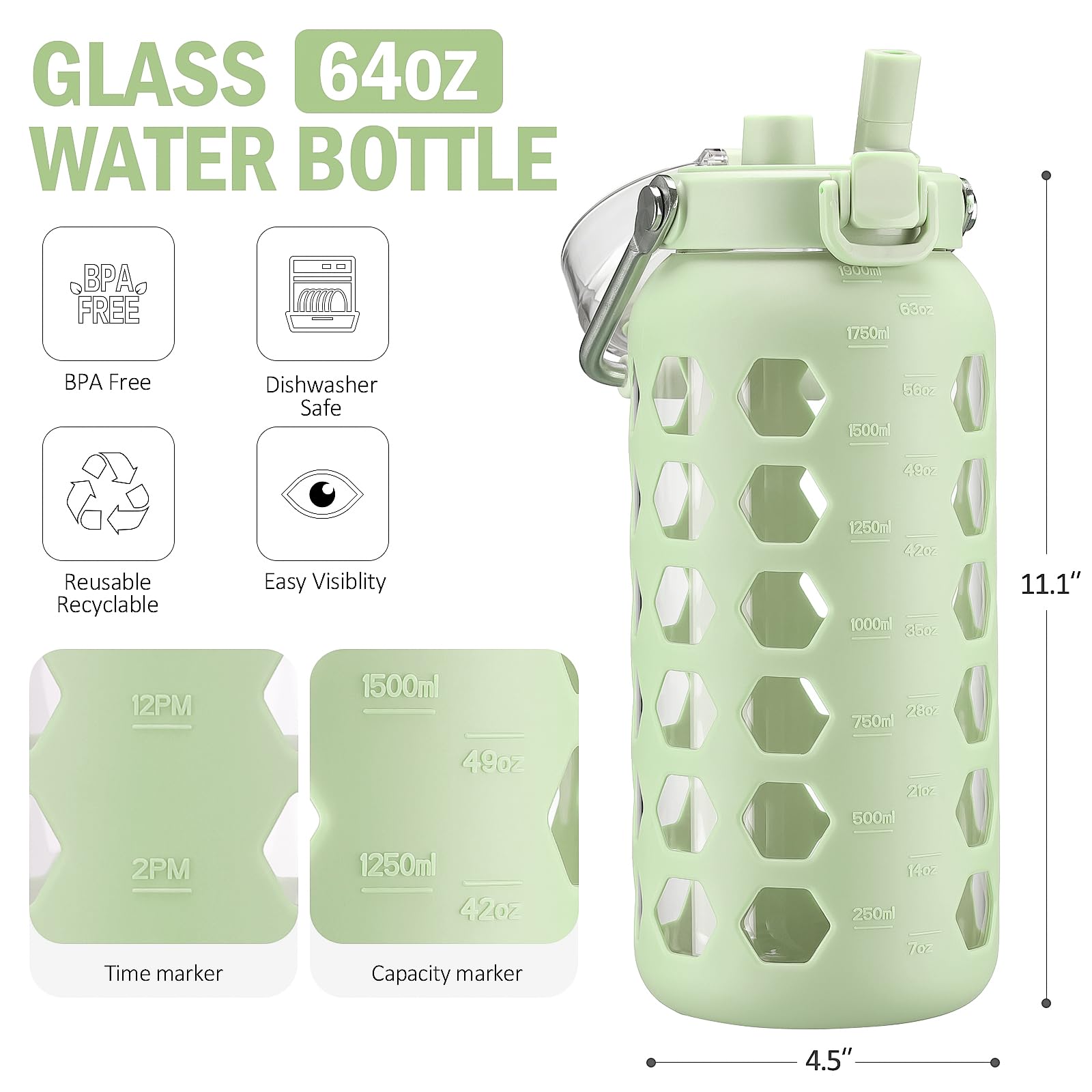 MUKOKO Borraccia in vetro da 60 once con cannuccia e coperchio, bottiglia d'acqua da mezzo gallone con indicatore del tempo, grande brocca d'acqua in vetro con custodia in silicone e manico in acciaio