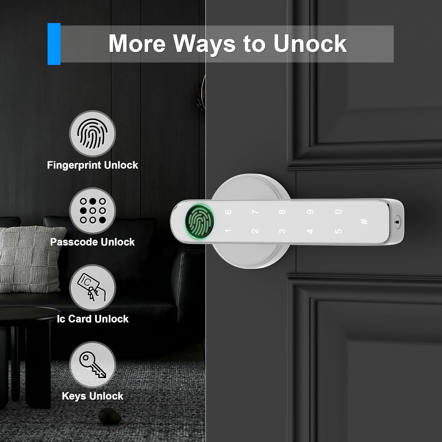 Diagram illustrating the multiple ways to unlock the HEIXSMT HT196 door lock: Fingerprint, Passcode, IC Card, and Mechanical Keys.