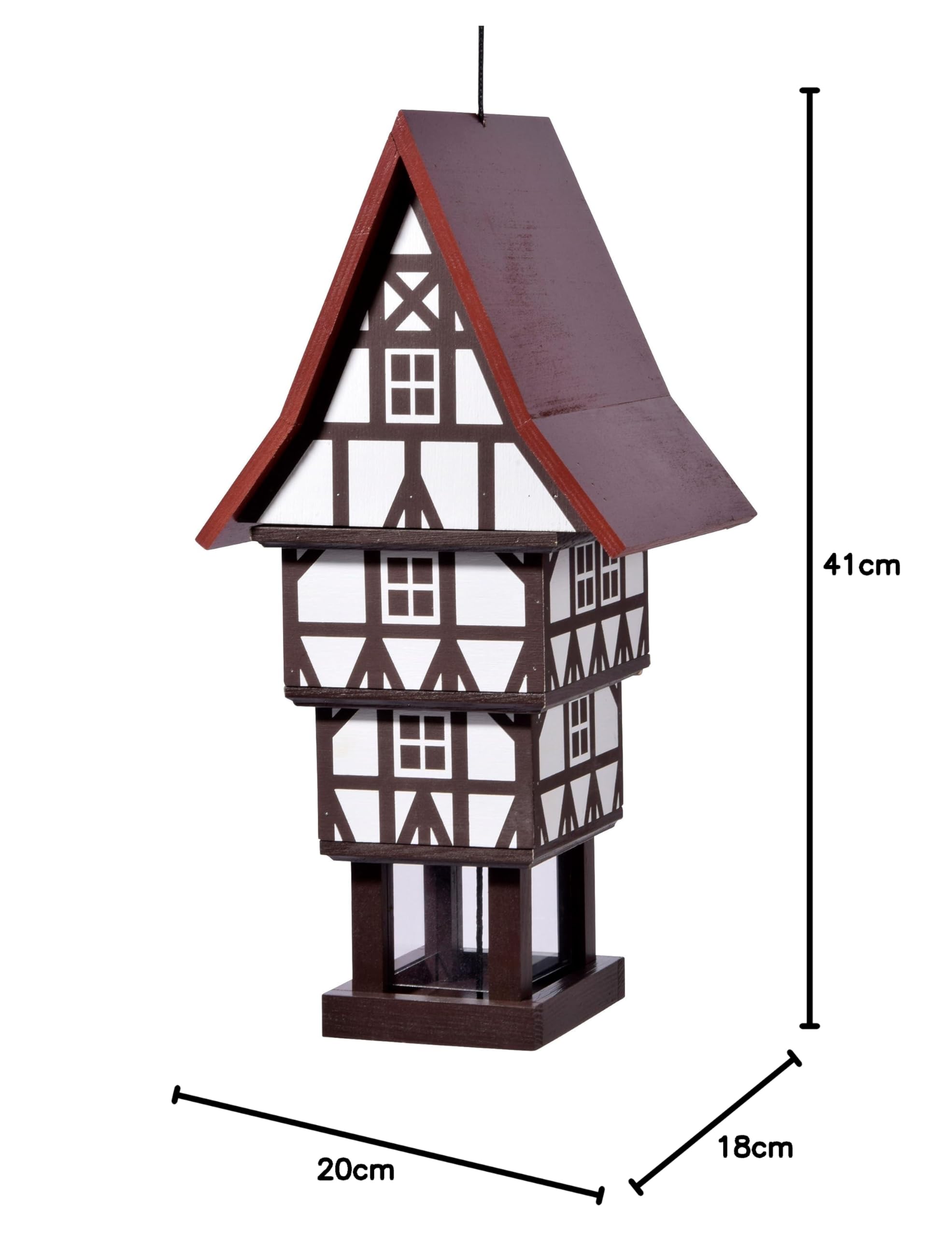 dobar® Design Vogelfutterhaus Zuckerhut zum Aufhängen mit großem Futtersilo, wetterfest - Vogelhaus im Fachwerkstil - 20 x 18 x 41 cm - Weiß/Braun/Rot