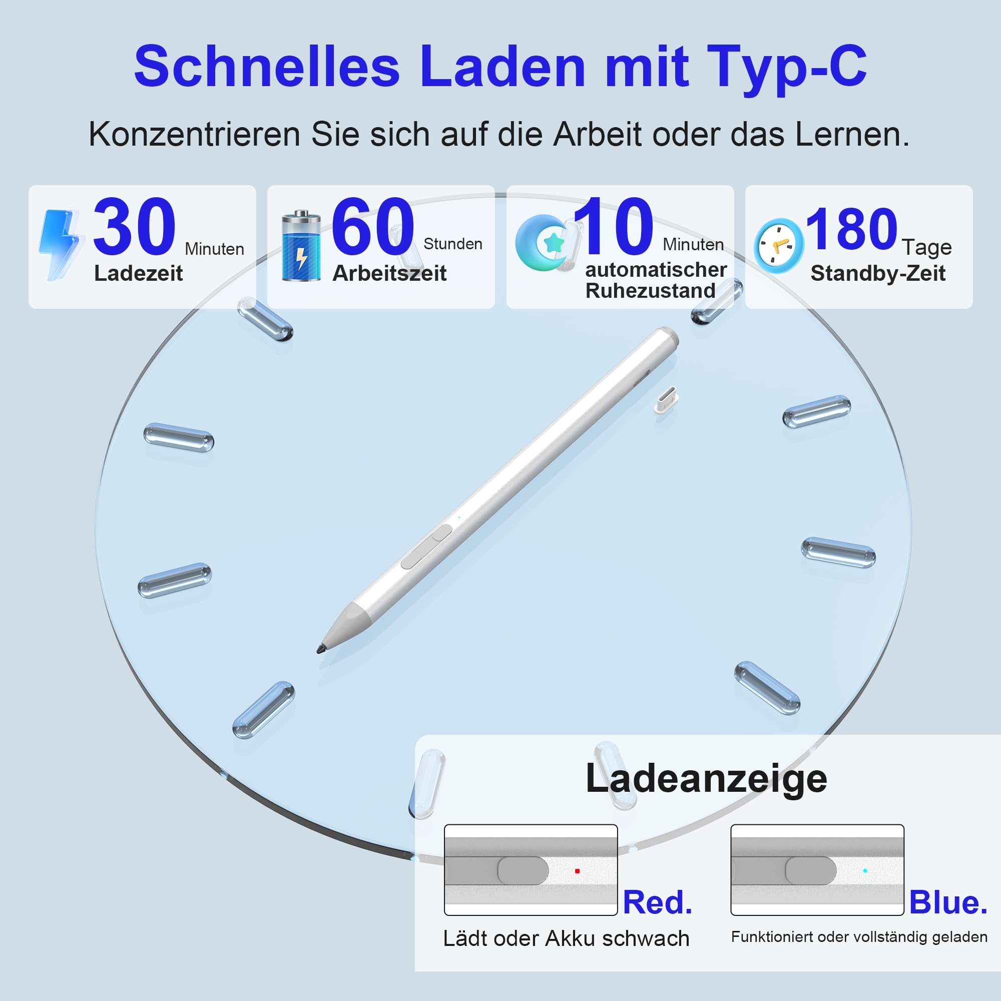 Surface Pen für Surface Pro 12/11AI+PC/11/10/X/9/8/7/7+/6/5/4/3, Surface Book/Laptop/Go/Studio Stift mit Palm Rejection,4096 Druckempfindlichkeit,Magnetisch,4 Spitzen,30min schnelles Aufladen