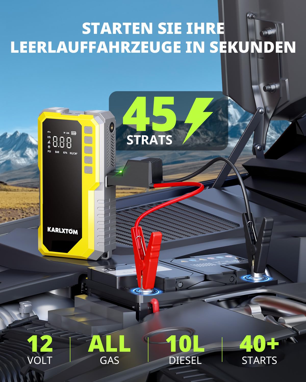 Karlxtom Starthilfe Powerbank für Pkw mit 190PSI Kompressor, 88Wh Auto Starthilfe Powerbank für All Benzin und 10L Dieselmotor, 4500A Starter Powerbank und 500LUM LED-Licht, LCD-Anzeige