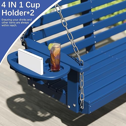 Miniatura 6 de FOOWIN Columpio para porche, columpio de patio de 4 pies con portavasos, cadenas colgantes ajustables, columpio de polietileno de alta densidad para