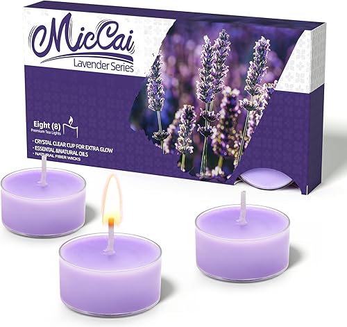 Velas pequeñas perfumadas con aroma a lavanda, paquete de 8, tiempo de combustión de 4 a 5 horas cada una, hechas de cera de soja natural, crea un