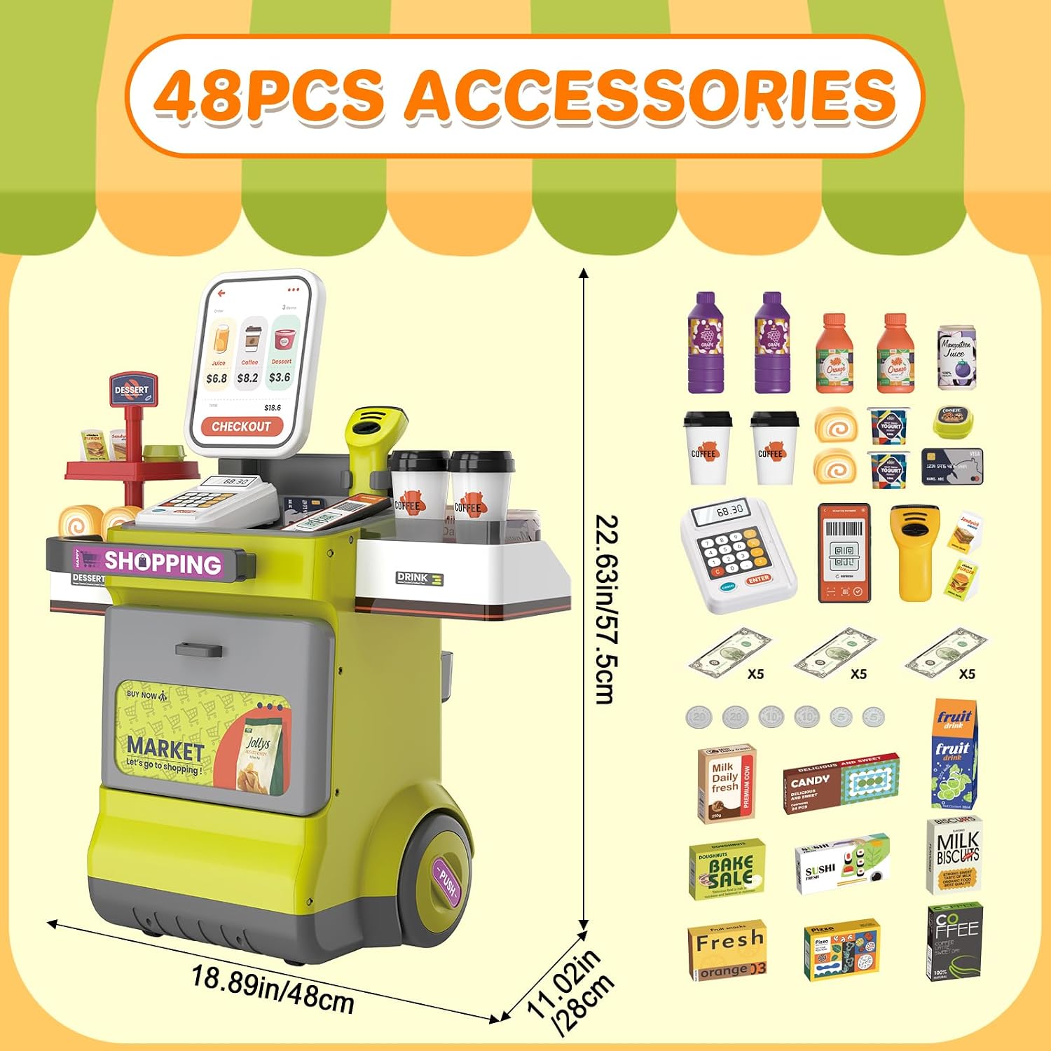 deAO Cash Register Playset for Kids,48PCS Kids Store Supermarket Playset Pretend Play Cash Register Toy with Scanner, Grocery Game Food Set and Play Food,Gift for 3 4 5 6 Boys Girls Kids, Green