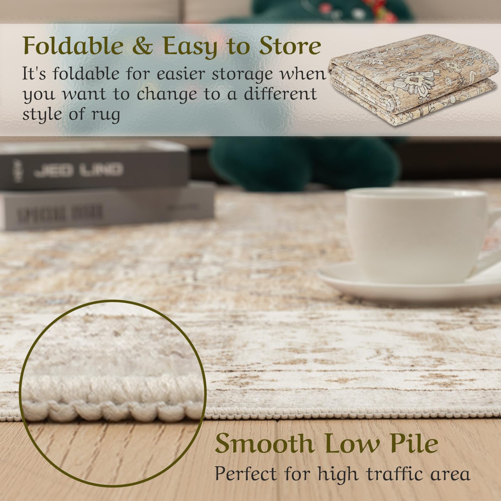 HOMFINE Tappeto Salotto Tappeto Vintage - Tappeto Soggiorno Tappeto Pelo Corto Lavabile Tappeti Salotto Grandi Tappeto Camera da Letto Tappeto Antiscivolo per Sala da Pranzo Beige Marrone 240 x 340 cm