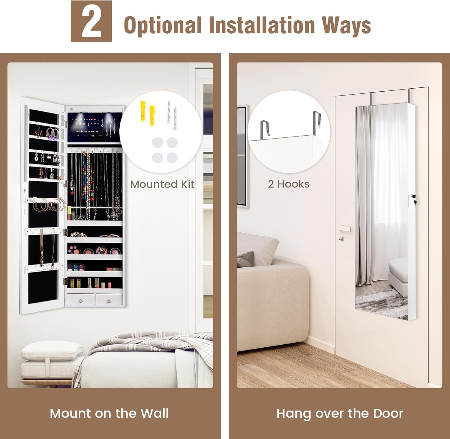 LOKO Mirrored Jewelry Armoire, Wall/Door Mounted Jewelry Cabinet with Full-Length Mirror, Lockable Jewelry Storage Organizer with 2 Drawers & 2 LED Lights, for Girls Women Gift Bedroom (White)