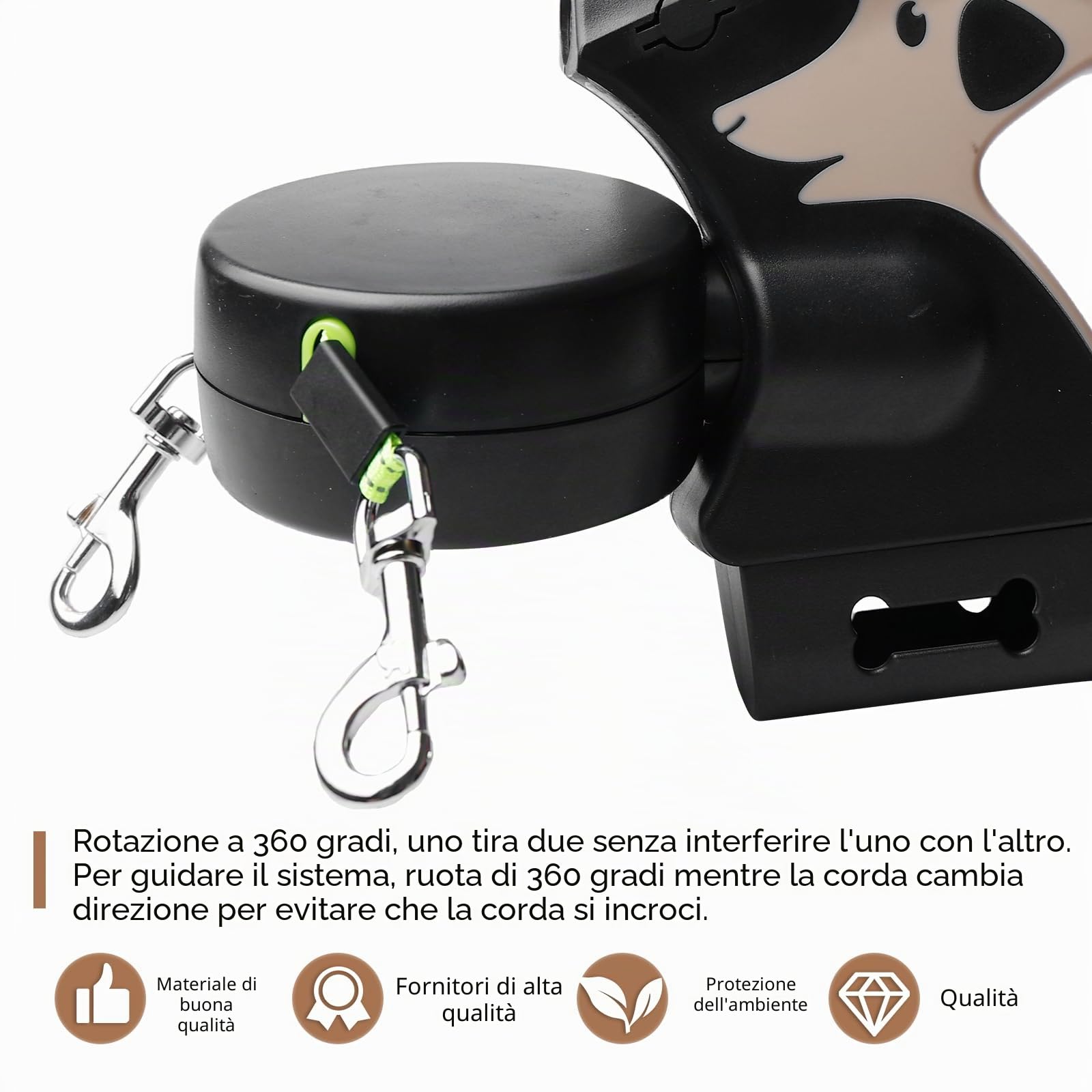 Guinzaglio Doppio Retrattile, Doppio Guinzaglio Per 2 Cani, Cani Con Luce, Guinzaglio Per Da 3 Metri 180° Per Allungabile Con Comoda Impugnatura Ergonomica(Marrone)