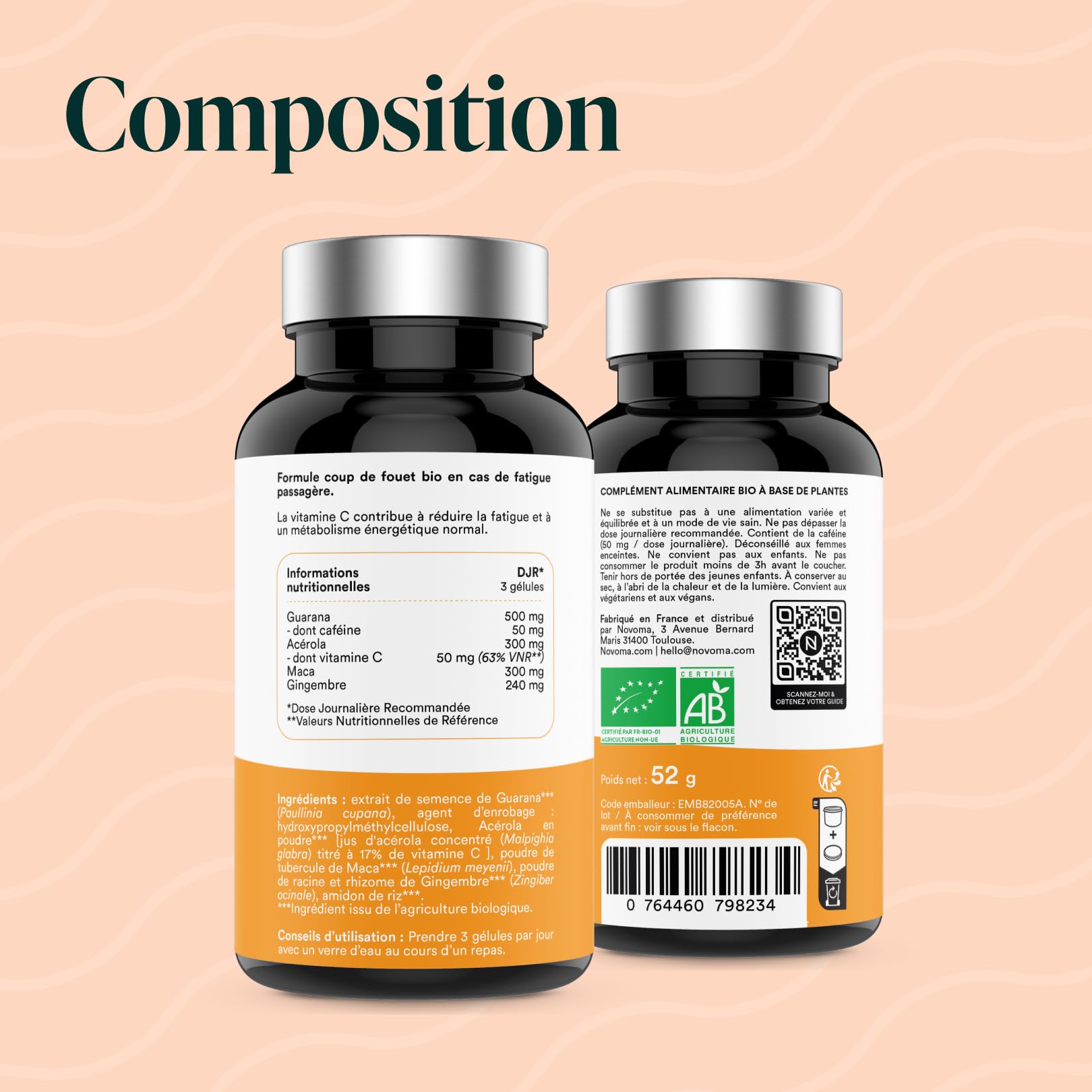NOVOMA Formule Boost Bio, Complément Alimentaire pour Booster l'Énergie, Avec Guarana, Acérola, Maca & Gingembre, Riche en Caféine et Vitamine C Naturelle, 90 Gélules Vegan, Fabriqué en France