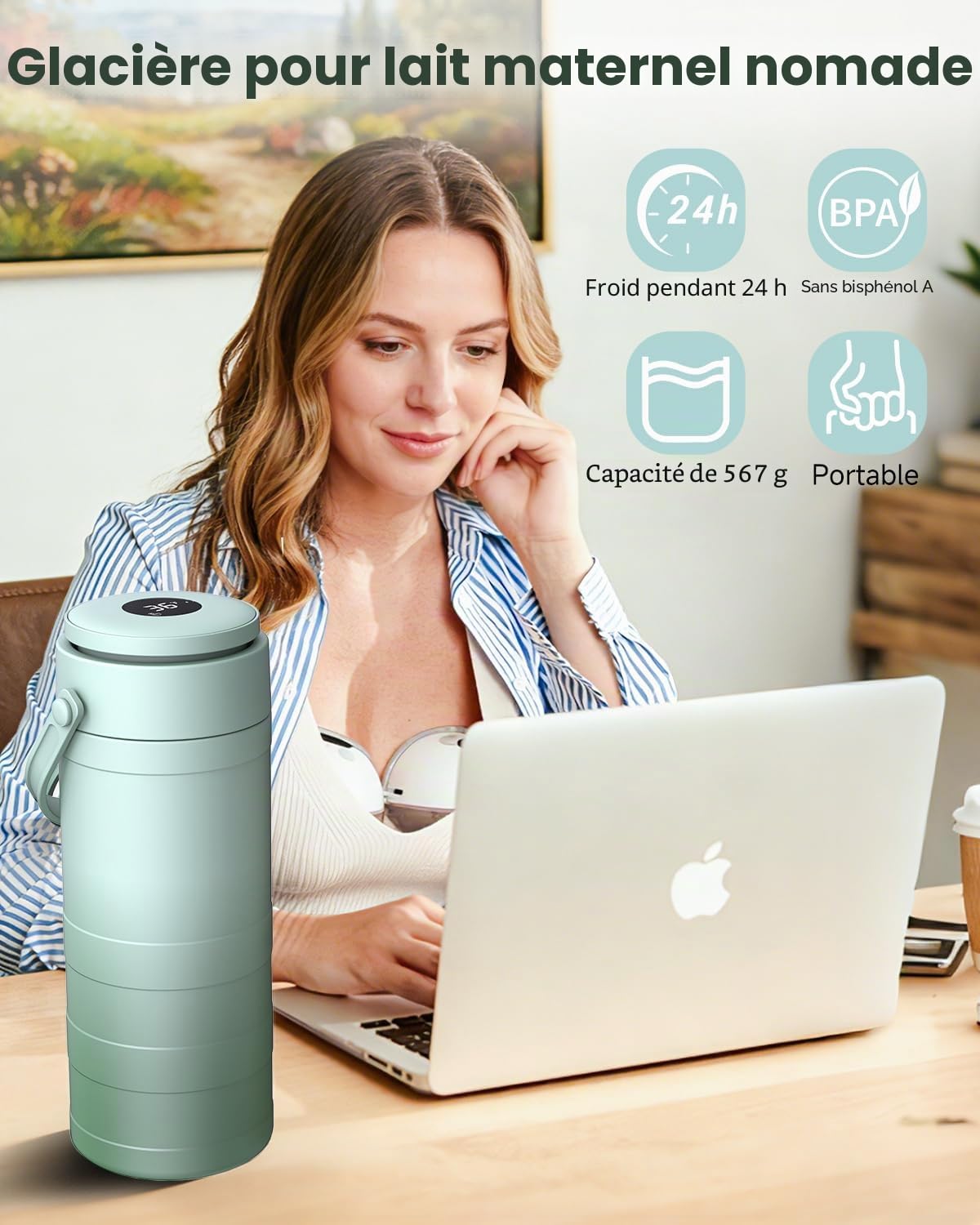 Viowey Refroidisseur de Lait Maternel de Voyage, Pot Conservation Lait Maternel Portable 560ml, Maintien Fraîcheur 24h, 2 Bouteilles Incluses pour Stockage​, Conservation Lait Maternel Facile
