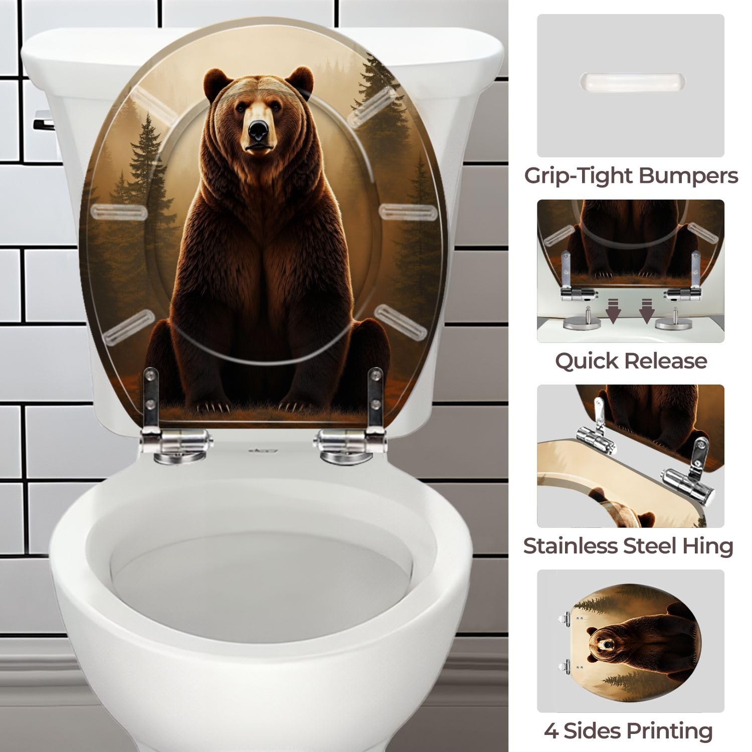 Asiento de inodoro redondo, resina Brown Bear Forest, baño