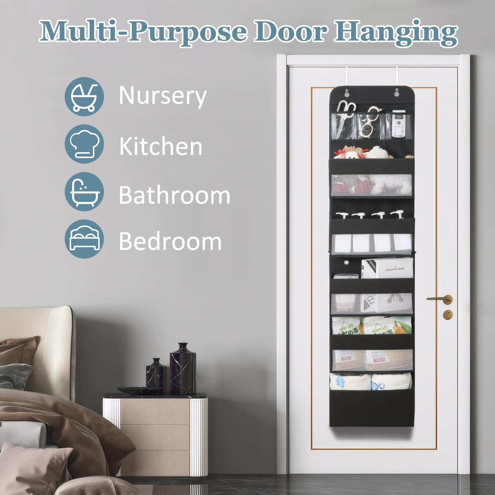 Organizador Colgante Extraíble con 5 Capas y 4 Ganchos - Tela para Colgar en Puerta - para Dormitorios y Habitaciones Infantiles, Negro