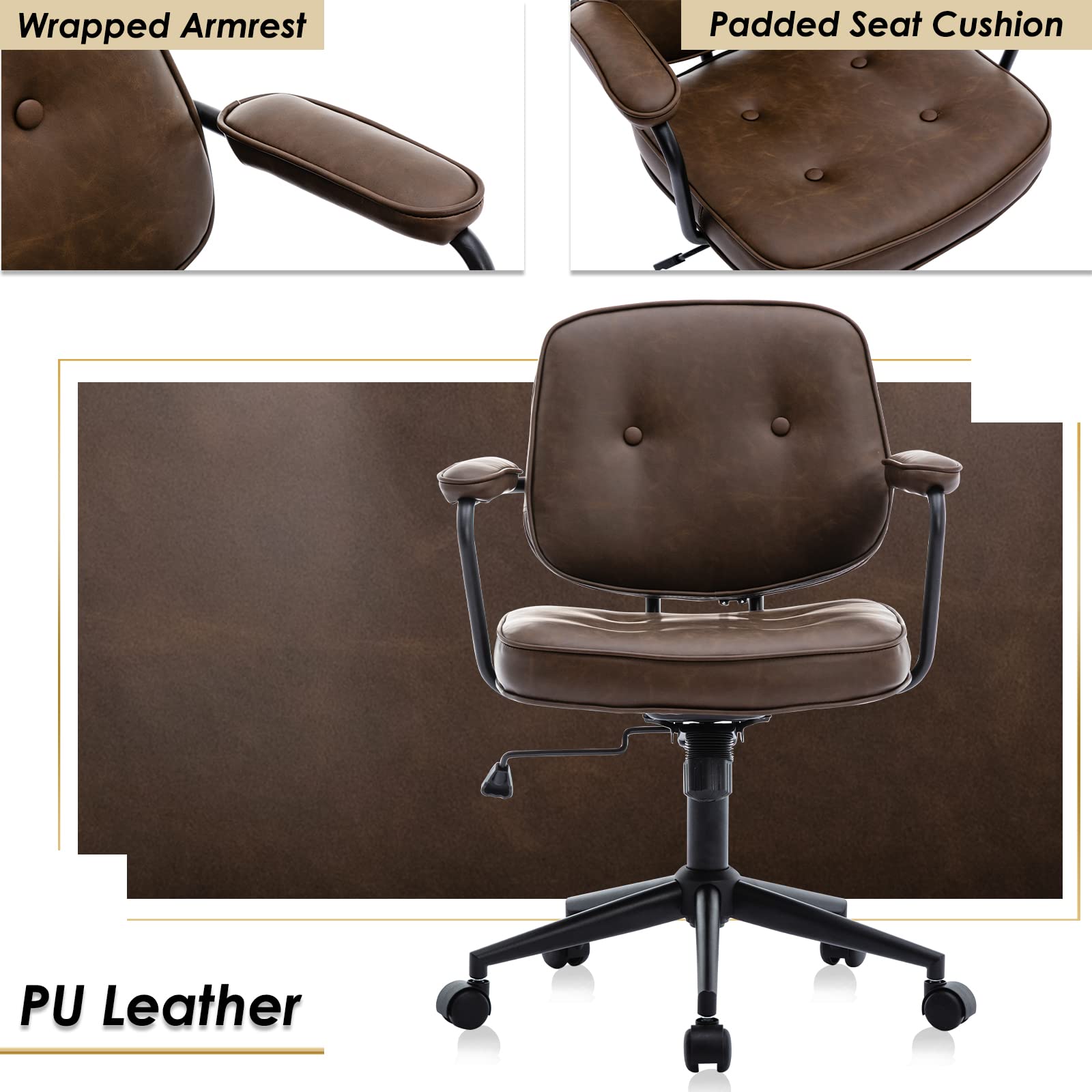 chairus Chaise de Bureau Ergonomique avec roulettes, Chaise Pivotante en Cuir PU pour Chambre, Fauteuil de Bureau Hauteur Réglable, Marron