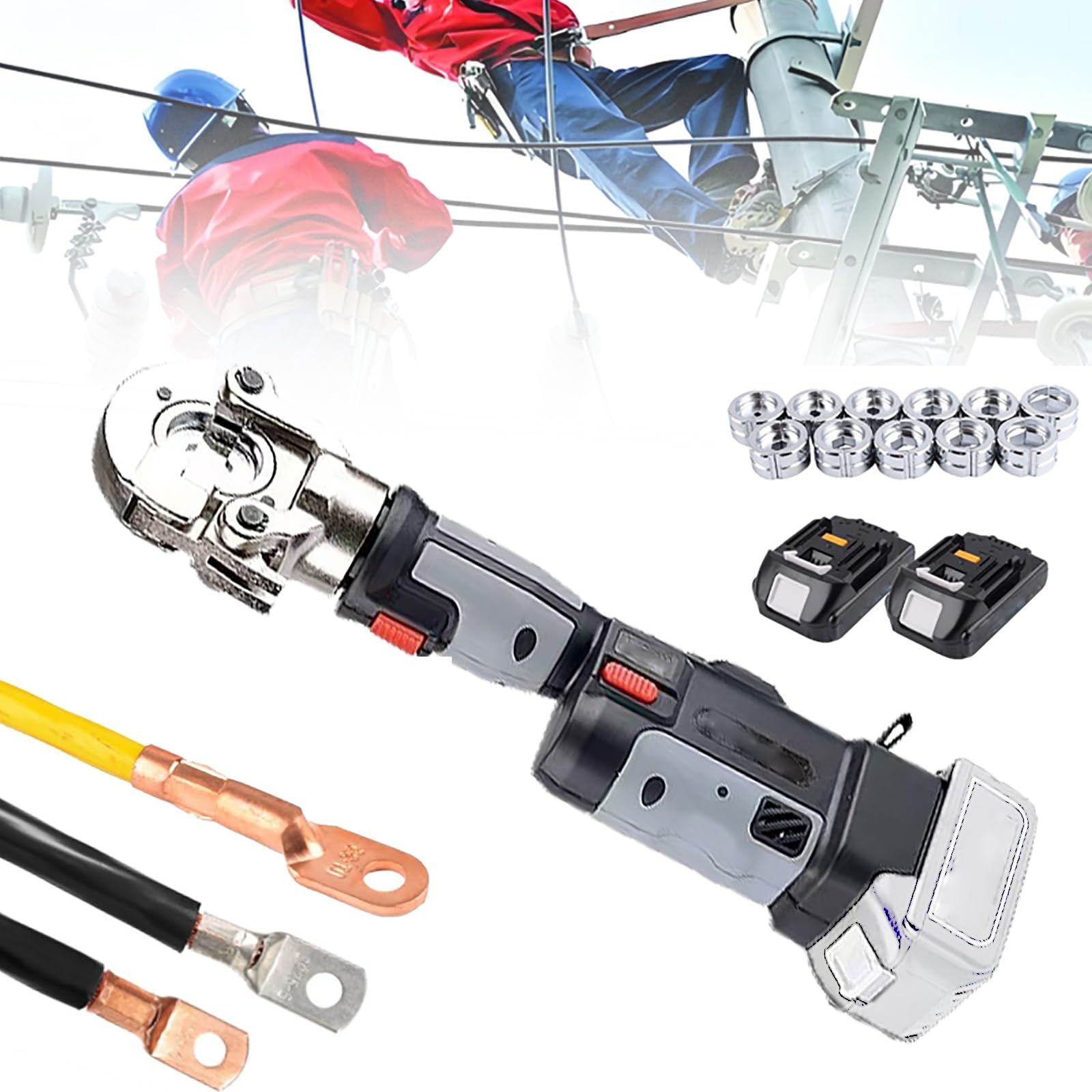 Vitalisworks Grey Hydraulic Crimping Tool Kit, Efficient Battery Powered Cable Lug Crimper With 12 Die Pairs & 2 Batteries, For Electrical Terminals 10-300Mm2 (Grey)