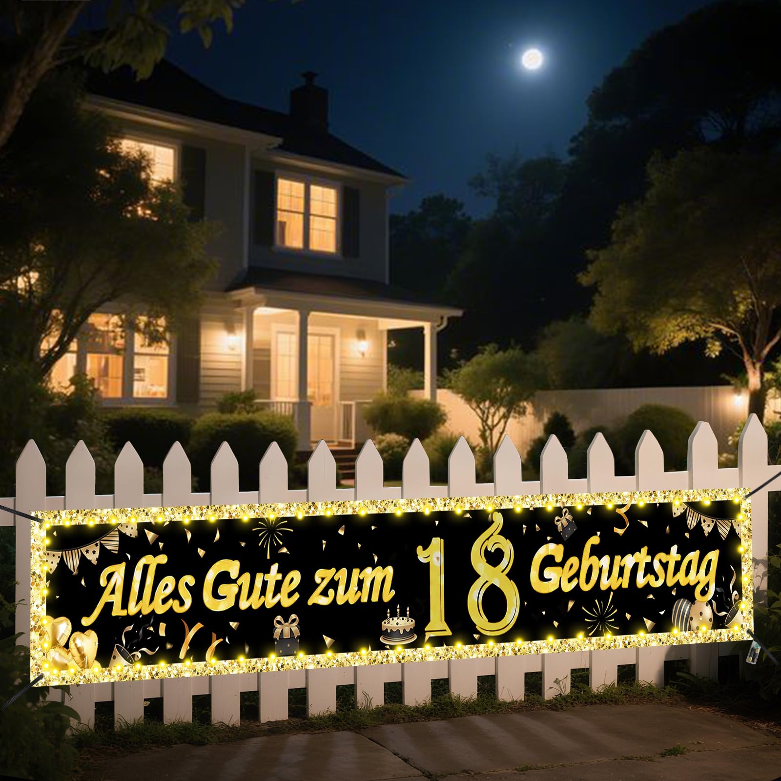 Seutgjie Deko Banners mit LED Lichtband für Frauen Männer 40 * 270CM Hintergrund Dekoration Gold Schwarz