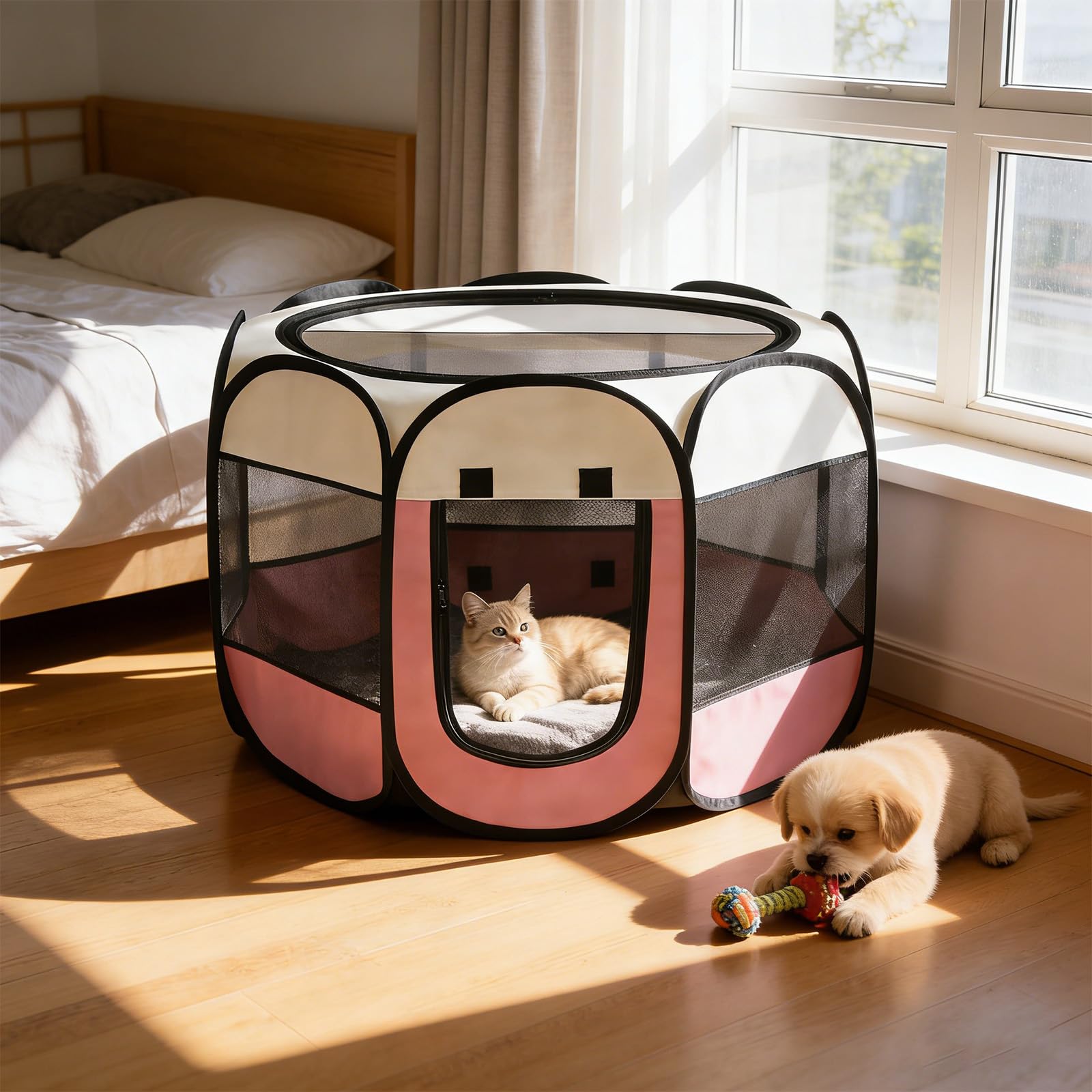 Recinto per Cani da Interno, 74x74x43cm Gabbia per Gatti recinto per conigli da interno kennel cane piccolo Box Pieghevole per Cane, Gabbia per Gatto Esterno (rosa + bianco crema, 74x74x43cm)