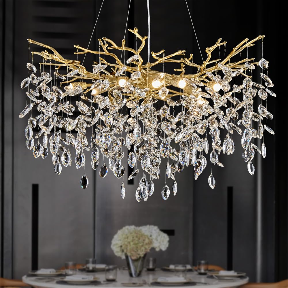 TMAFON Modern Gold Chandelier Light Fixtures - Dia 31.5 inches Luxury Crystal Chandelier Lighting, Large Kitchen Light Fixture, Led Branch Crystal