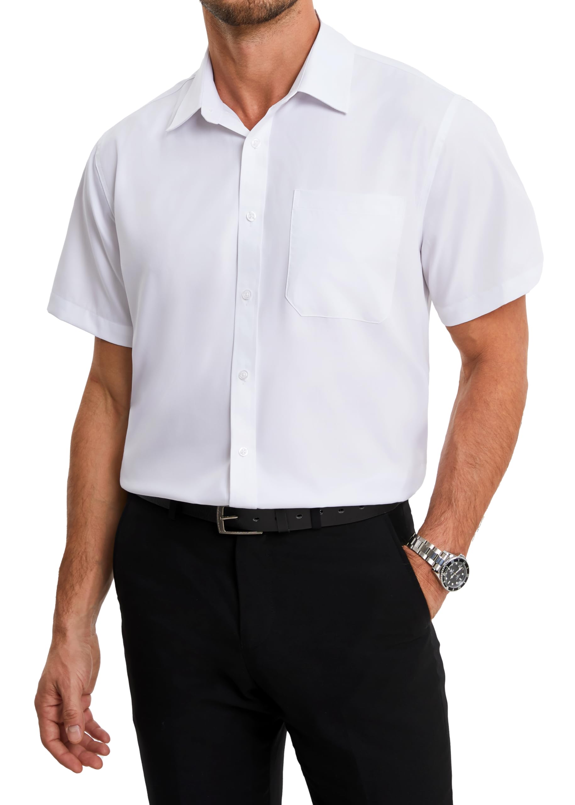 HISDERN Chemise Homme Manches Courtes Été Leger Chemises Habillée en Fibre de Bambou Homme sans Repassage Chemisette Boutonnée Décontractée Coupe Régulière avec Poche